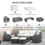 Ensemble de canapés d'extérieur en rotin Outsunny 6 pièces avec canapé 3 places, 2 fauteuils inclinables et 2 repose-pieds ottomans