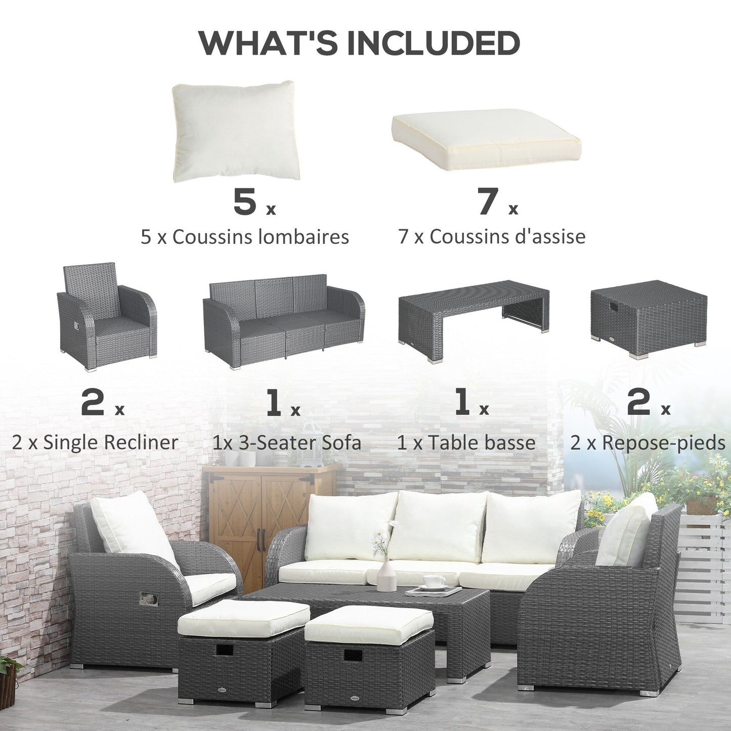Ensemble de canapés d'extérieur en rotin Outsunny 6 pièces avec canapé 3 places, 2 fauteuils inclinables et 2 repose-pieds ottomans