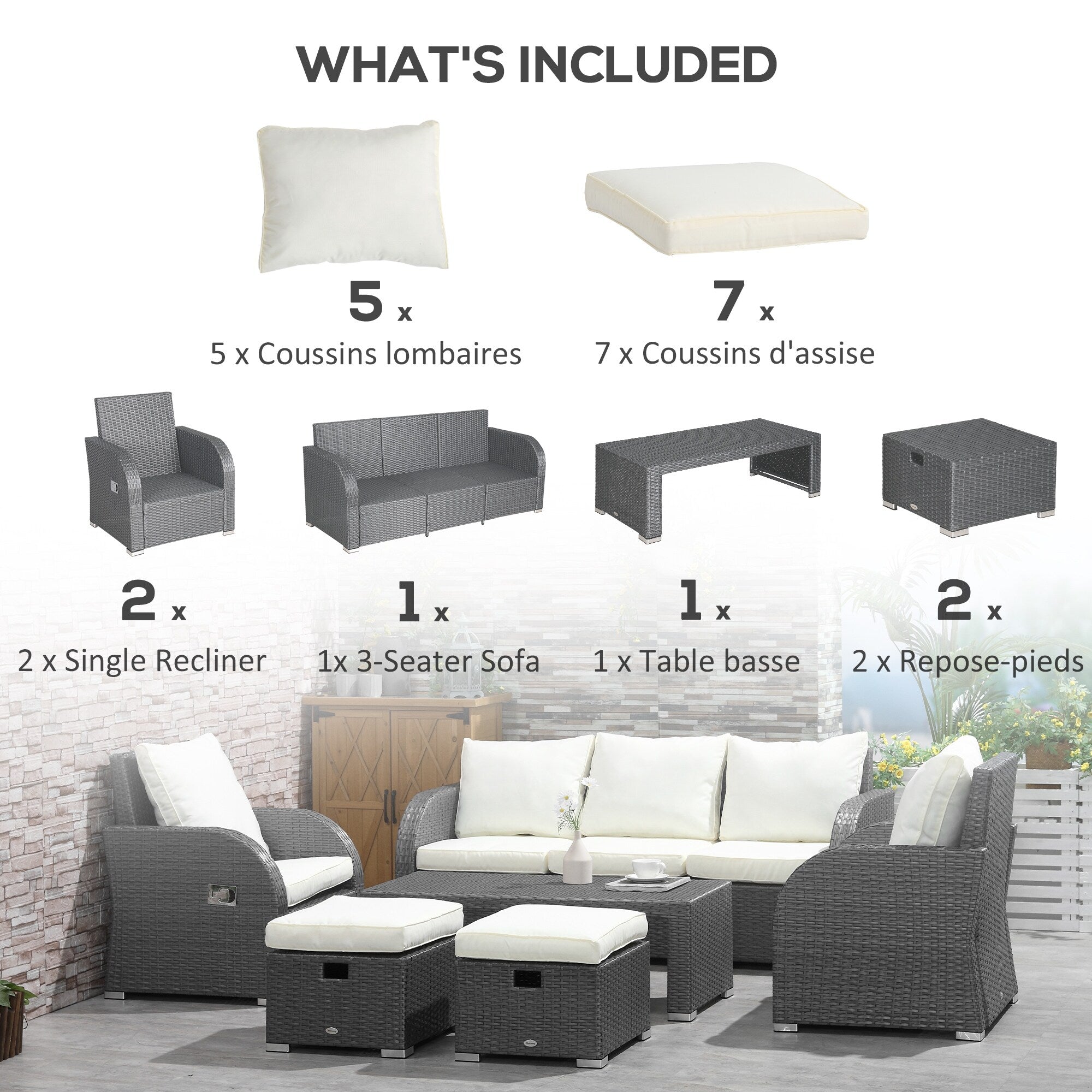 Ensemble de canapés d'extérieur en rotin Outsunny 6 pièces avec canapé 3 places, 2 fauteuils inclinables et 2 repose-pieds ottomans