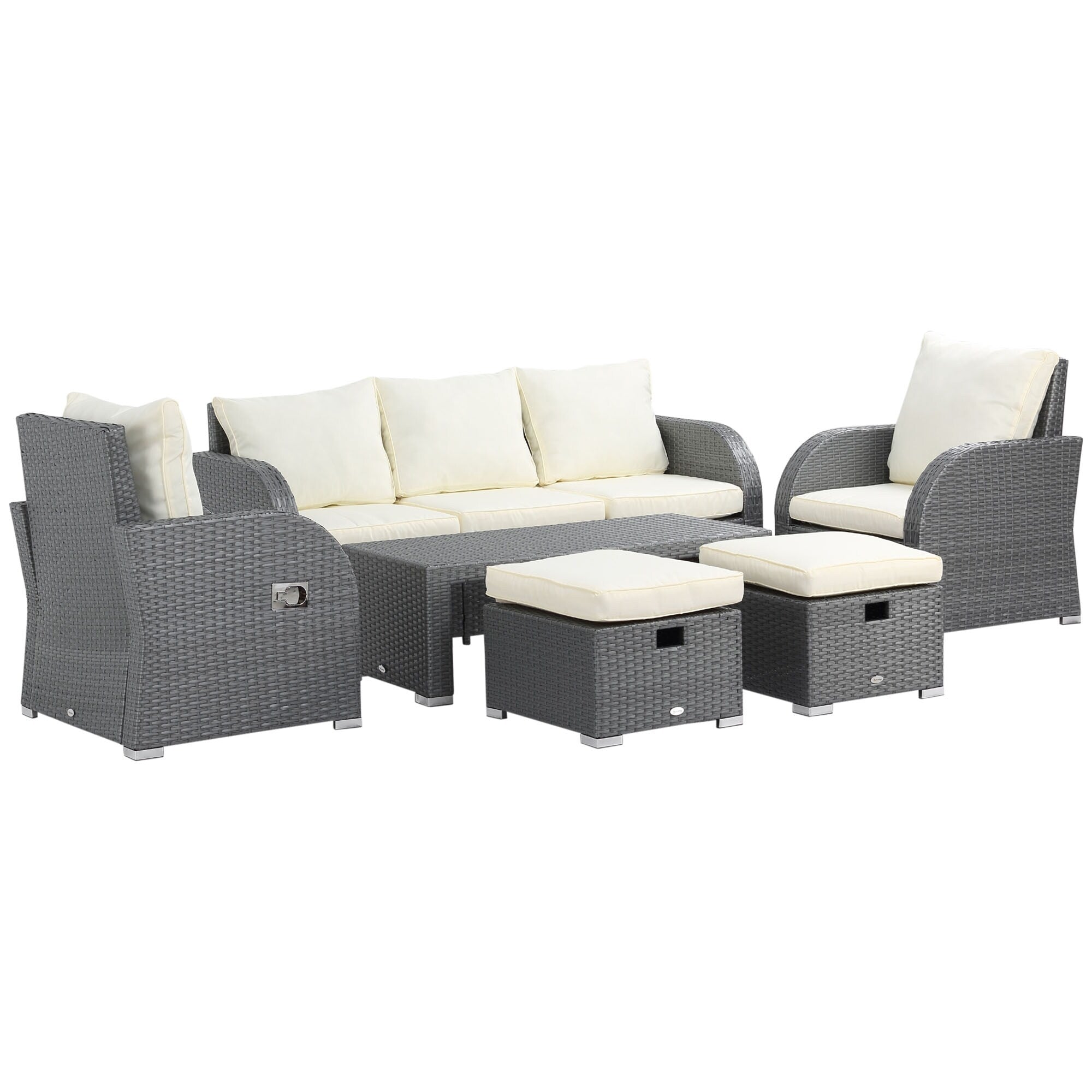 Ensemble de canapés d'extérieur en rotin Outsunny 6 pièces avec canapé 3 places, 2 fauteuils inclinables et 2 repose-pieds ottomans