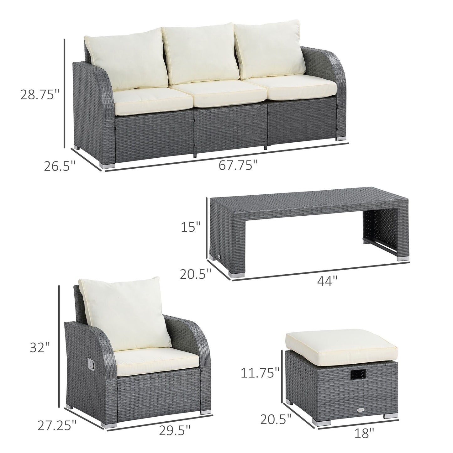 Ensemble de canapés d'extérieur en rotin Outsunny 6 pièces avec canapé 3 places, 2 fauteuils inclinables et 2 repose-pieds ottomans