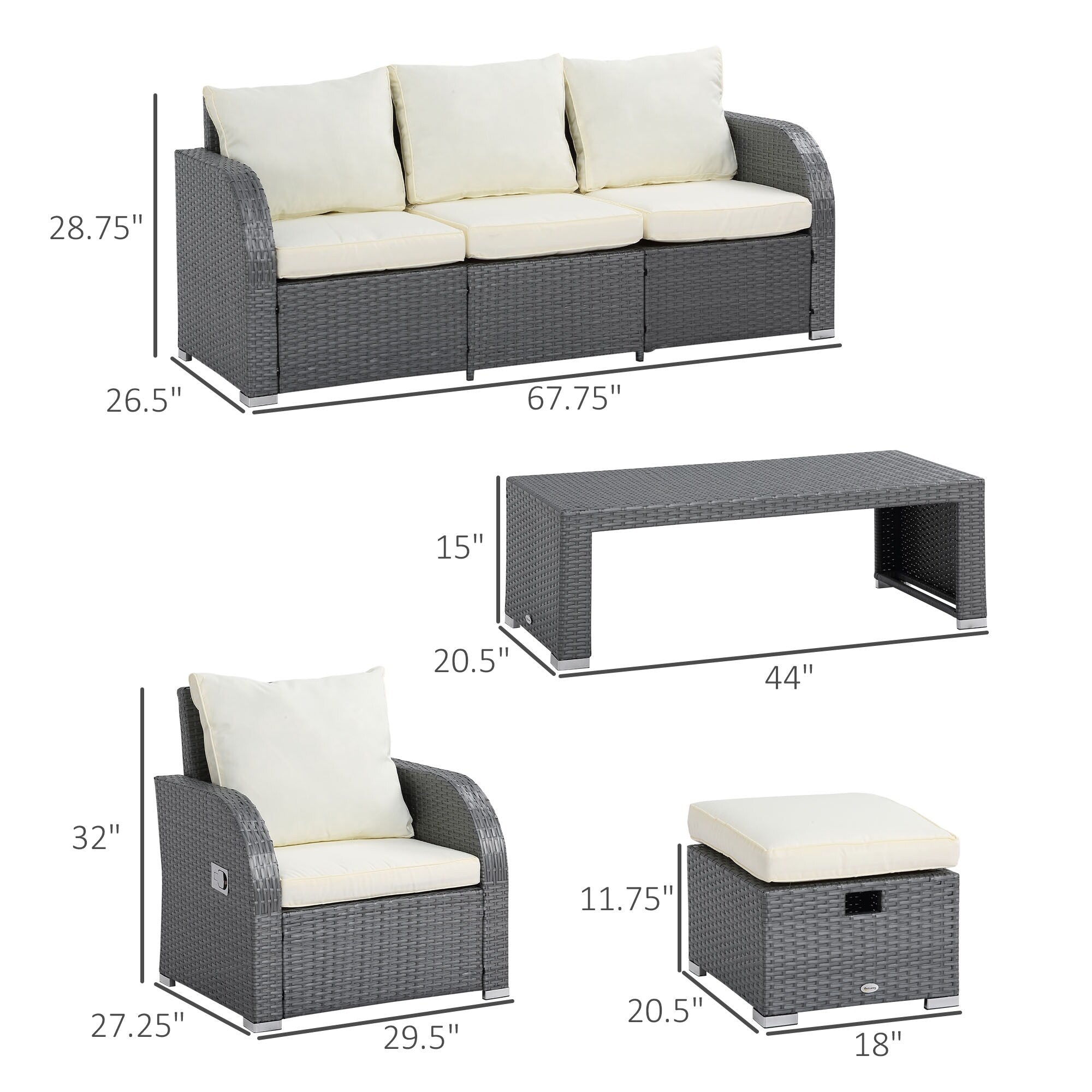 Ensemble de canapés d'extérieur en rotin Outsunny 6 pièces avec canapé 3 places, 2 fauteuils inclinables et 2 repose-pieds ottomans