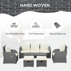 Ensemble de canapés d'extérieur en rotin Outsunny 6 pièces avec canapé 3 places, 2 fauteuils inclinables et 2 repose-pieds ottomans