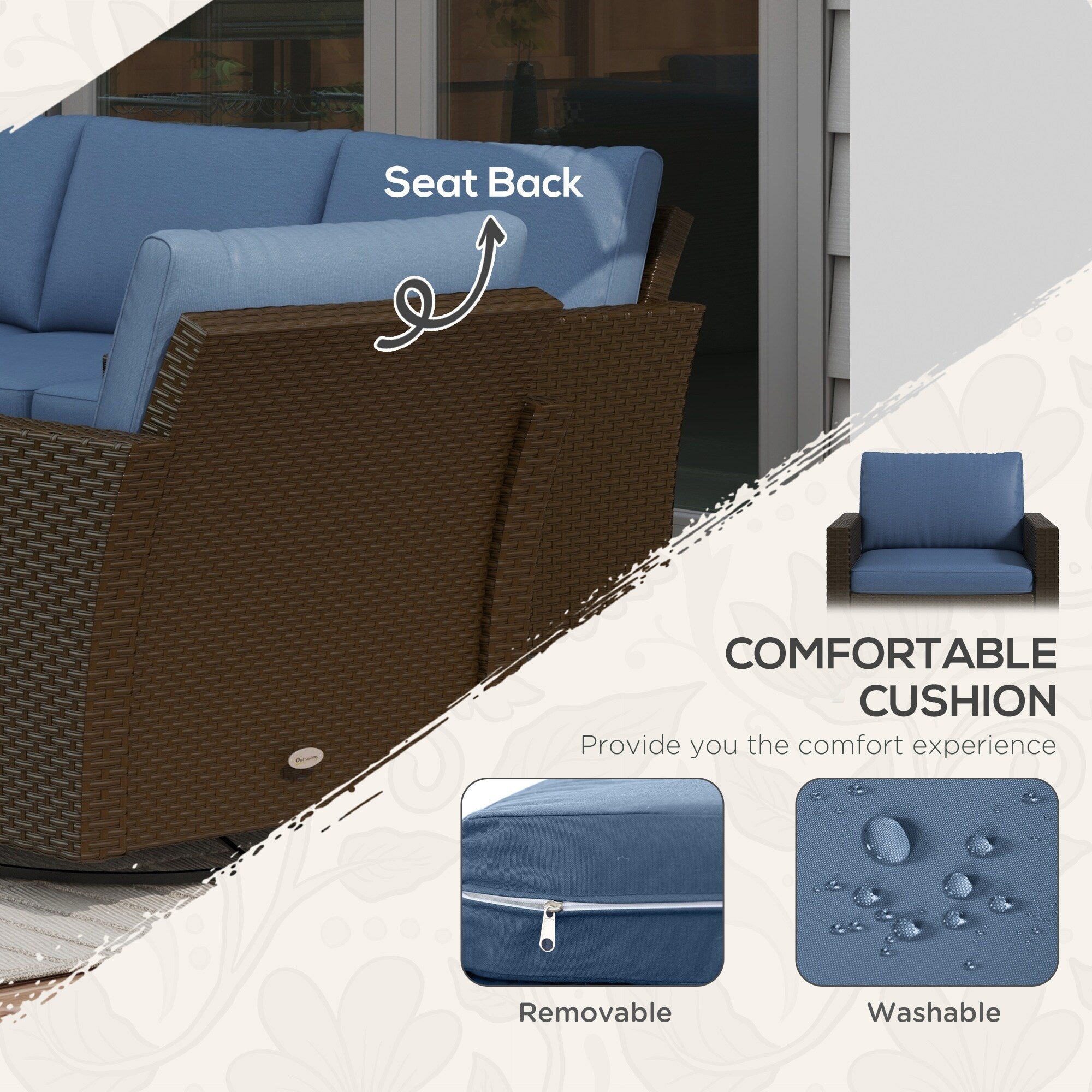 Ensemble de meubles de jardin Outsunny 6 pièces avec canapé trois places en rotin, fauteuils à bascule pivotants et repose-pieds