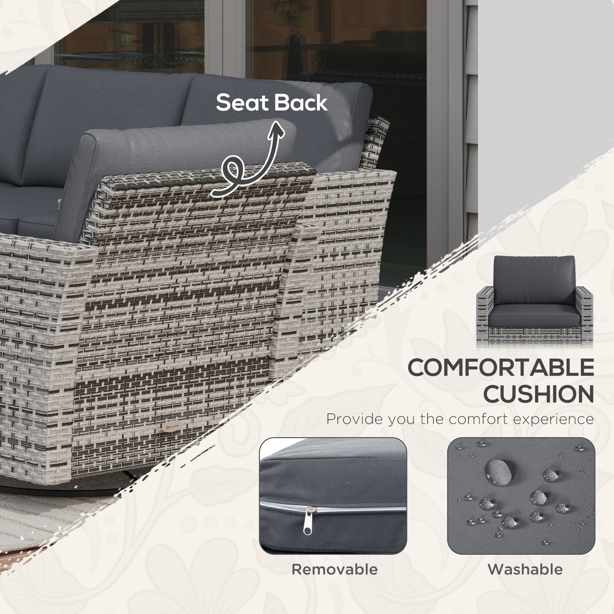 Ensemble de meubles de jardin Outsunny 6 pièces avec canapé trois places en rotin, fauteuils à bascule pivotants et repose-pieds
