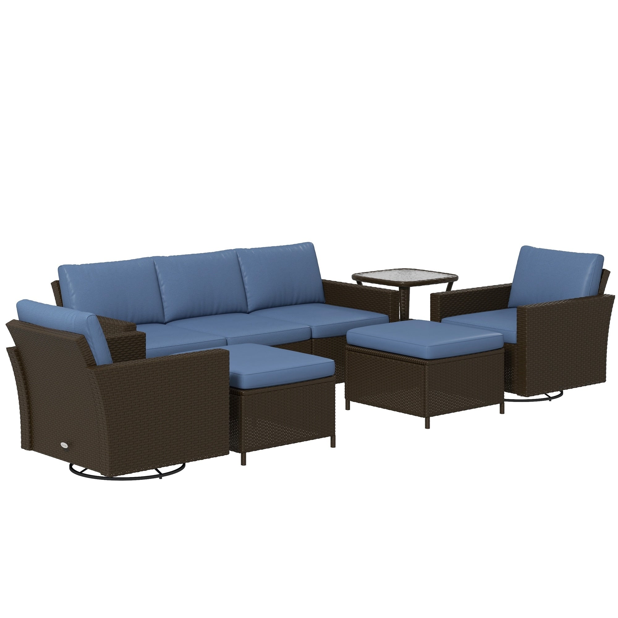 Ensemble de meubles de jardin Outsunny 6 pièces avec canapé trois places en rotin, fauteuils à bascule pivotants et repose-pieds