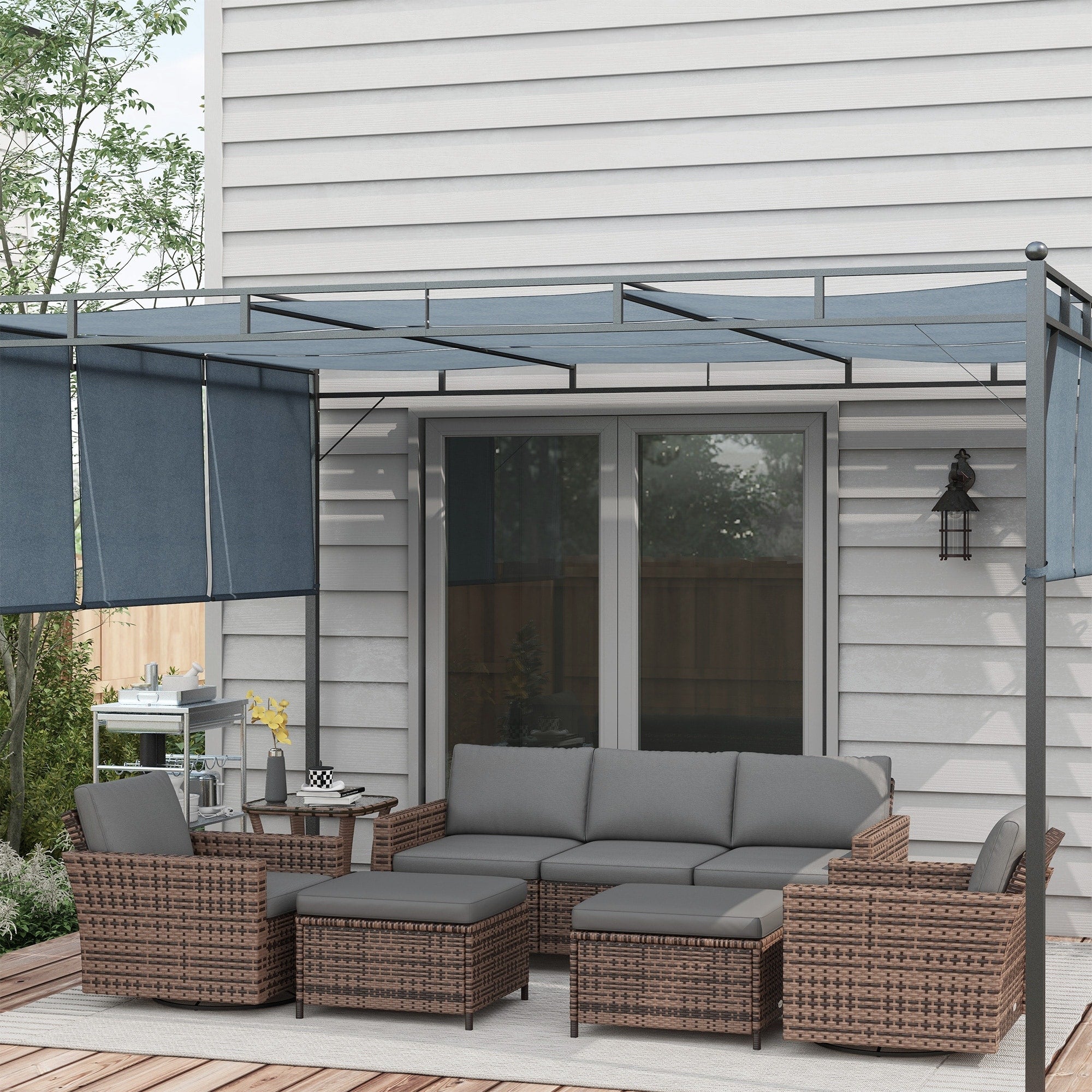 Ensemble de meubles de jardin Outsunny 6 pièces avec canapé trois places en rotin, fauteuils à bascule pivotants et repose-pieds