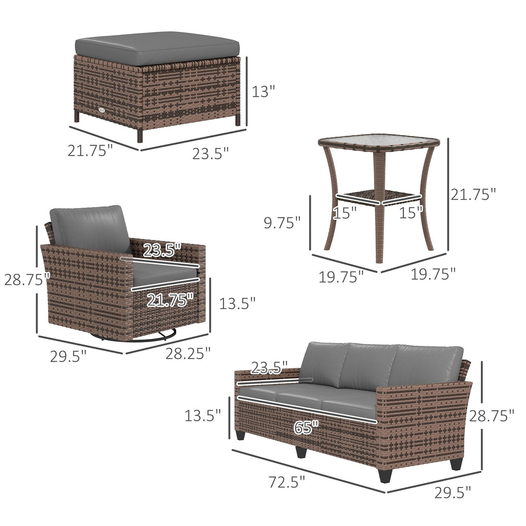 Ensemble de meubles de jardin Outsunny 6 pièces avec canapé trois places en rotin, fauteuils à bascule pivotants et repose-pieds