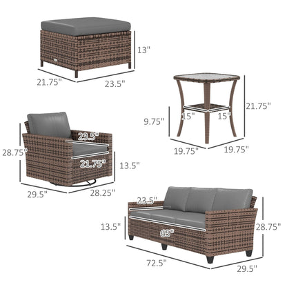 Ensemble de meubles de jardin Outsunny 6 pièces avec canapé trois places en rotin, fauteuils à bascule pivotants et repose-pieds