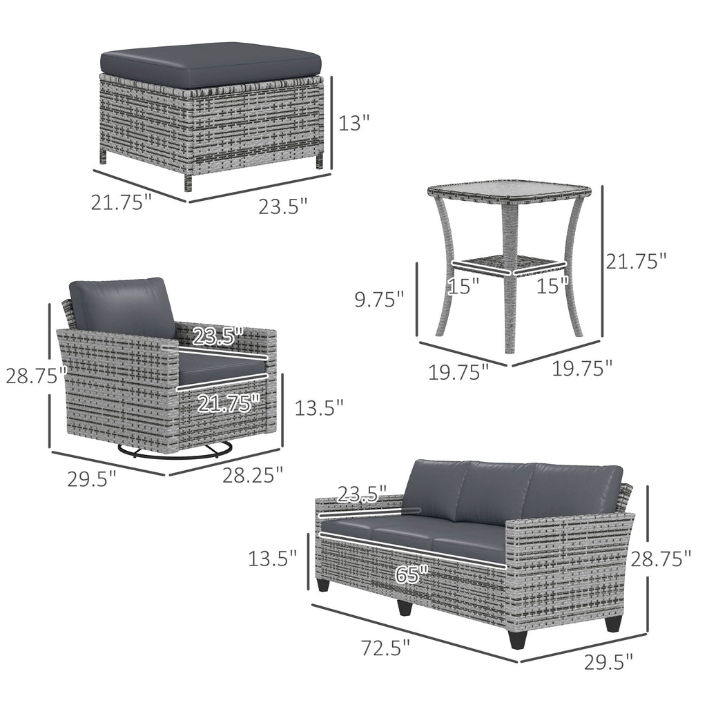 Ensemble de meubles de jardin Outsunny 6 pièces avec canapé trois places en rotin, fauteuils à bascule pivotants et repose-pieds