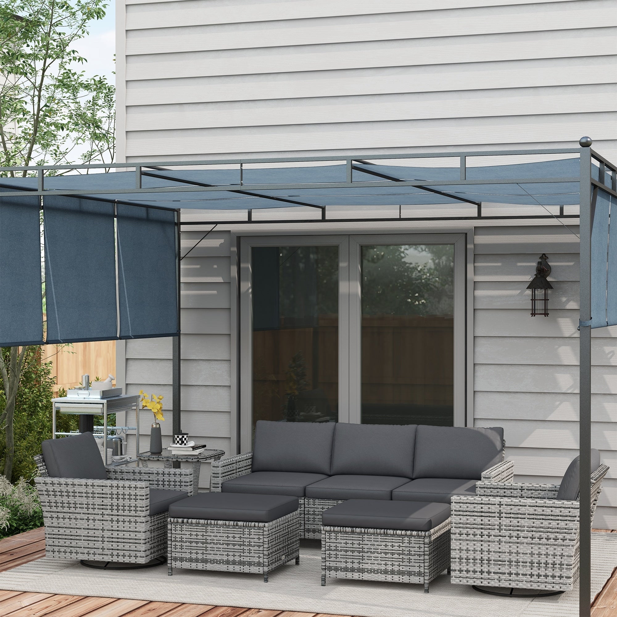 Ensemble de meubles de jardin Outsunny 6 pièces avec canapé trois places en rotin, fauteuils à bascule pivotants et repose-pieds