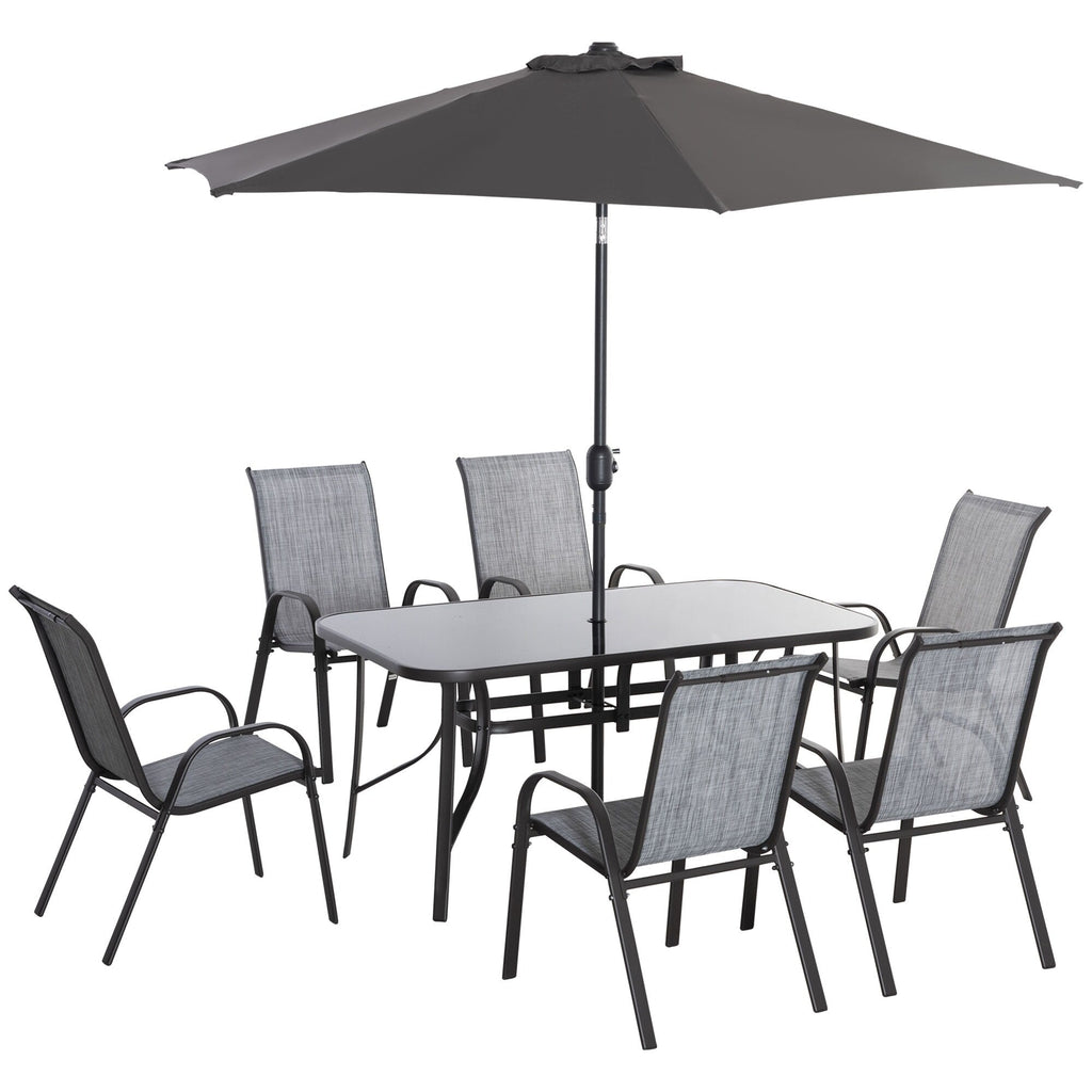 Ensemble de salle à manger de patio Outsunny 8 pièces avec table de patio de 8 pieds, parasol avec bouton-poussoir inclinable et manivelle, 6 chaises et table à manger