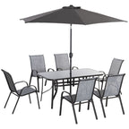 Ensemble de salle à manger de patio Outsunny 8 pièces avec table de patio de 8 pieds, parasol avec bouton-poussoir inclinable et manivelle, 6 chaises et table à manger