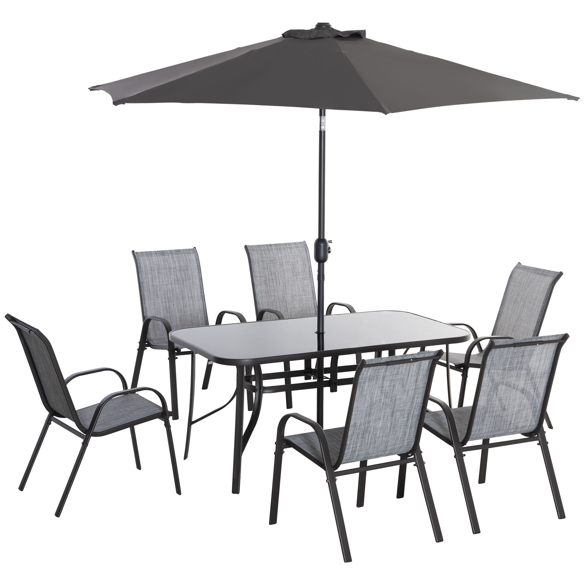 Ensemble de salle à manger de patio Outsunny 8 pièces avec table de patio de 8 pieds, parasol avec bouton-poussoir inclinable et manivelle, 6 chaises et table à manger