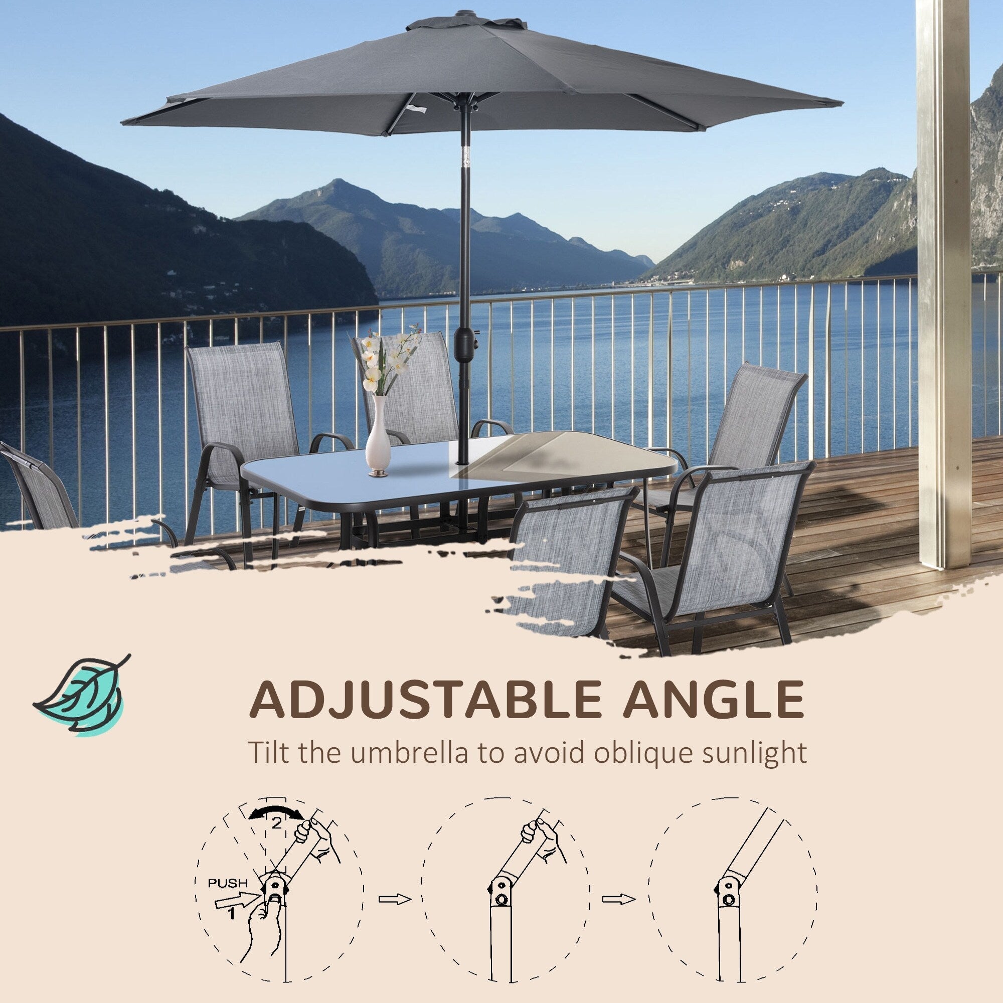 Ensemble de salle à manger de patio Outsunny 8 pièces avec table de patio de 8 pieds, parasol avec bouton-poussoir inclinable et manivelle, 6 chaises et table à manger