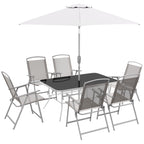 Ensemble de salle à manger de patio Outsunny 8 pièces avec table, parasol, 6 chaises pliantes et table à manger rectangulaire, ensemble de meubles de patio extérieur