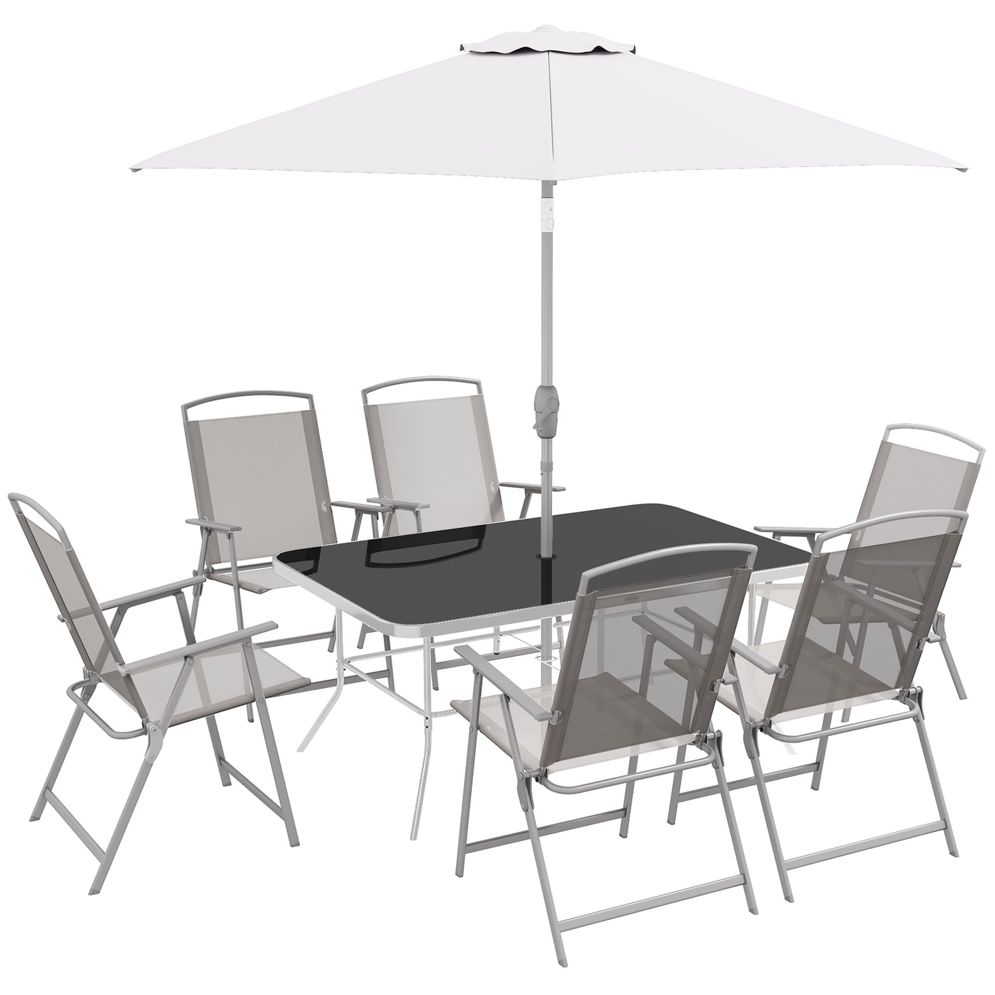 Ensemble de salle à manger de patio Outsunny 8 pièces avec table, parasol, 6 chaises pliantes et table à manger rectangulaire, ensemble de meubles de patio extérieur