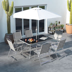 Ensemble de salle à manger de patio Outsunny 8 pièces avec table, parasol, 6 chaises pliantes et table à manger rectangulaire, ensemble de meubles de patio extérieur