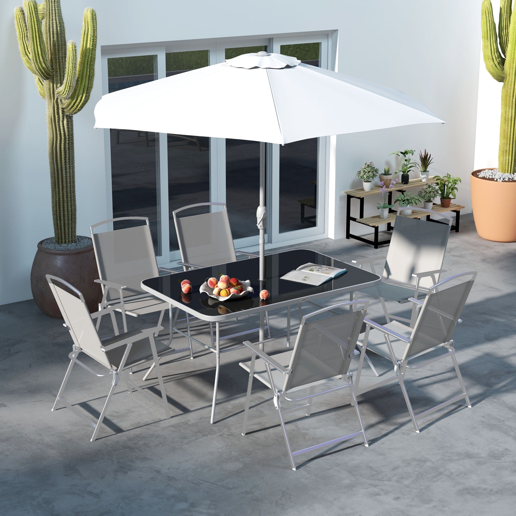 Ensemble de salle à manger de patio Outsunny 8 pièces avec table, parasol, 6 chaises pliantes et table à manger rectangulaire, ensemble de meubles de patio extérieur