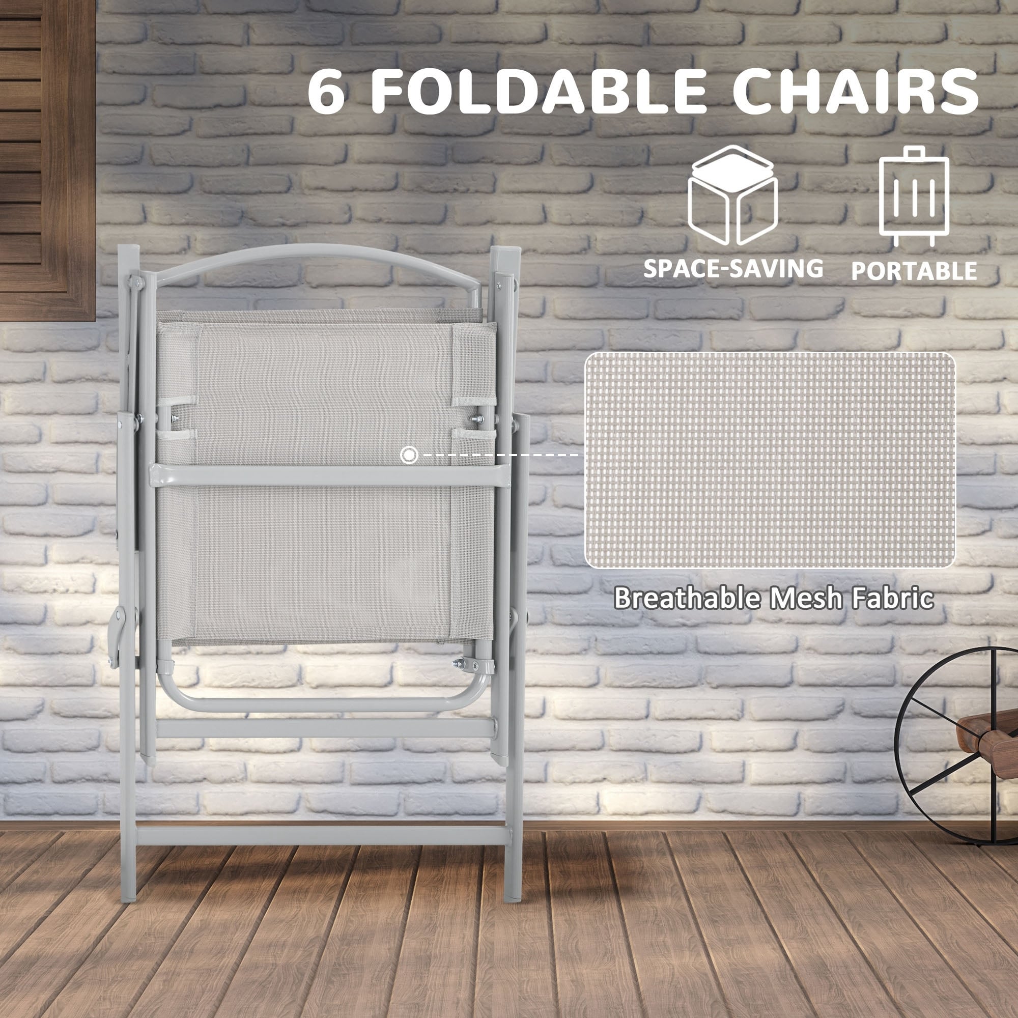 Ensemble de salle à manger de patio Outsunny 8 pièces avec table, parasol, 6 chaises pliantes et table à manger rectangulaire, ensemble de meubles de patio extérieur