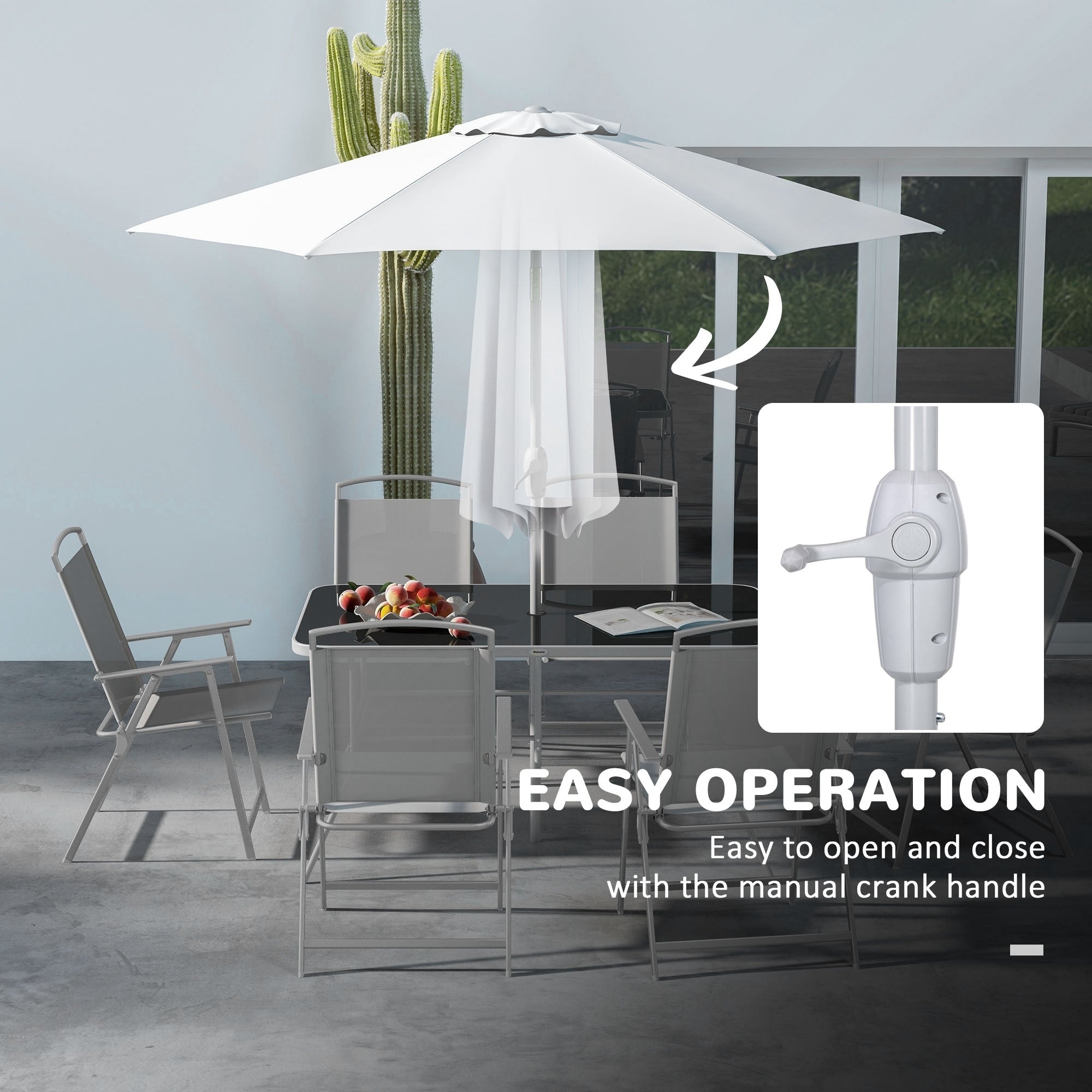 Ensemble de salle à manger de patio Outsunny 8 pièces avec table, parasol, 6 chaises pliantes et table à manger rectangulaire, ensemble de meubles de patio extérieur