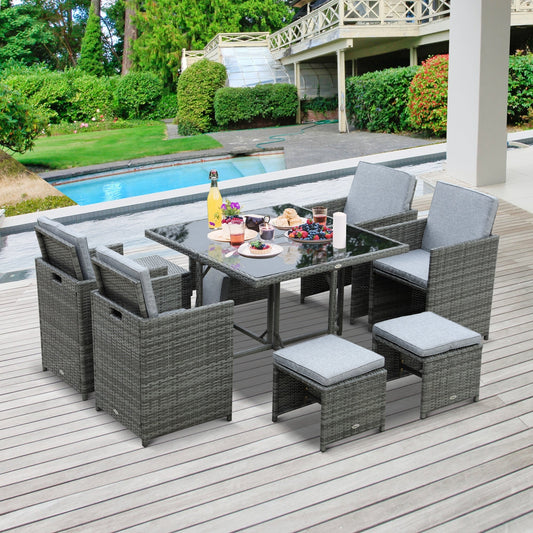 Ensemble de 9 chaises et table à manger d'extérieur en rotin Outsunny, chaises en osier peu encombrantes avec coussins