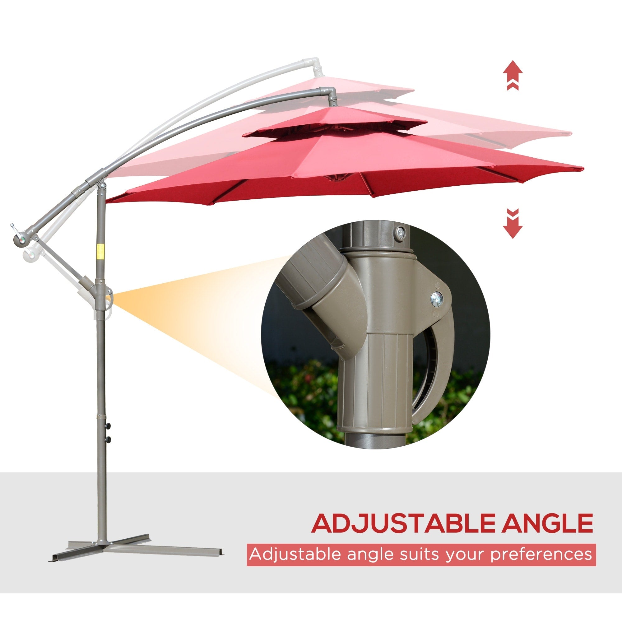 Parasol déporté Outsunny 9' à 2 niveaux avec manivelle, base croisée et 8 baleines, parasol de jardin excentré