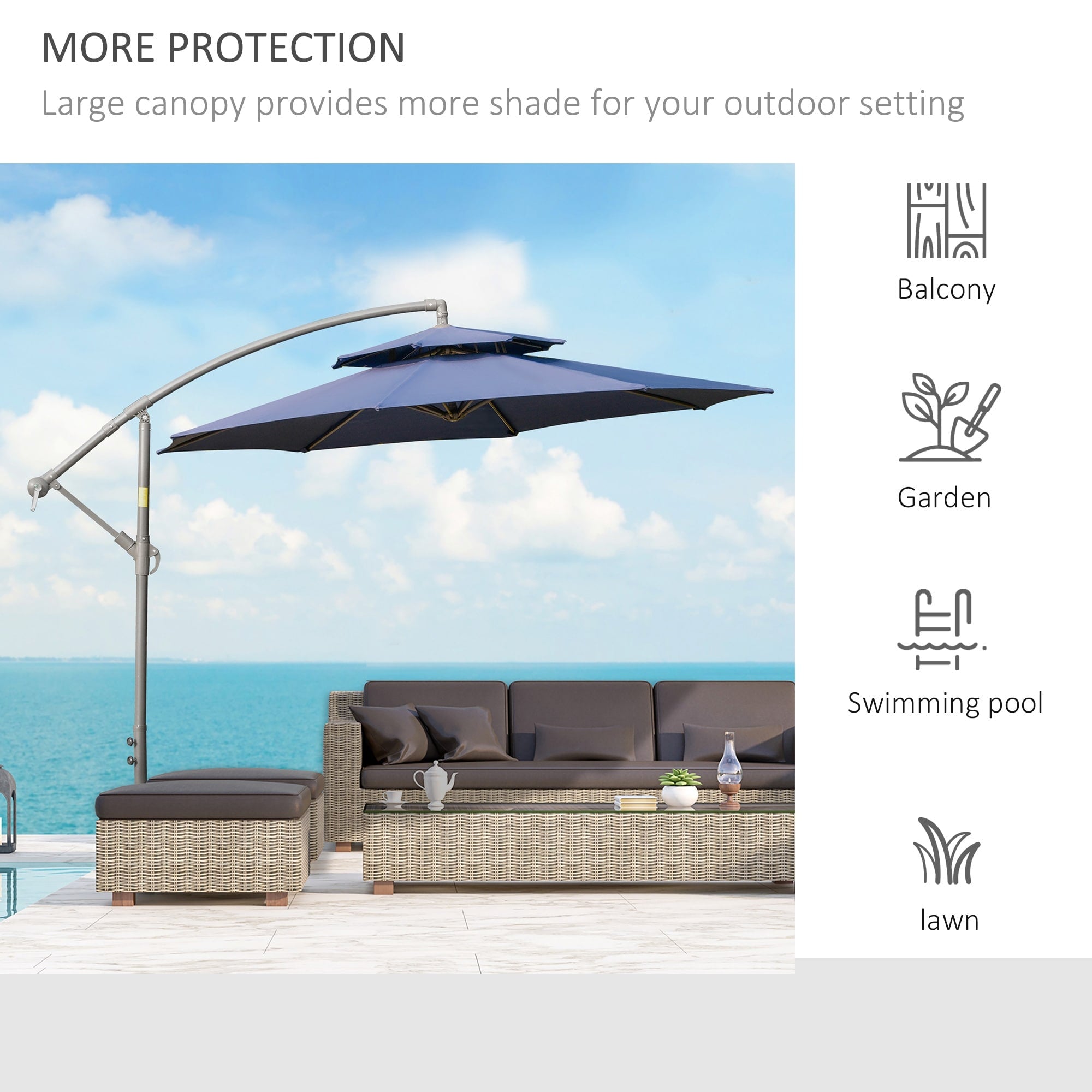 Parasol déporté Outsunny 9' à 2 niveaux avec manivelle, base croisée et 8 baleines, parasol de jardin excentré