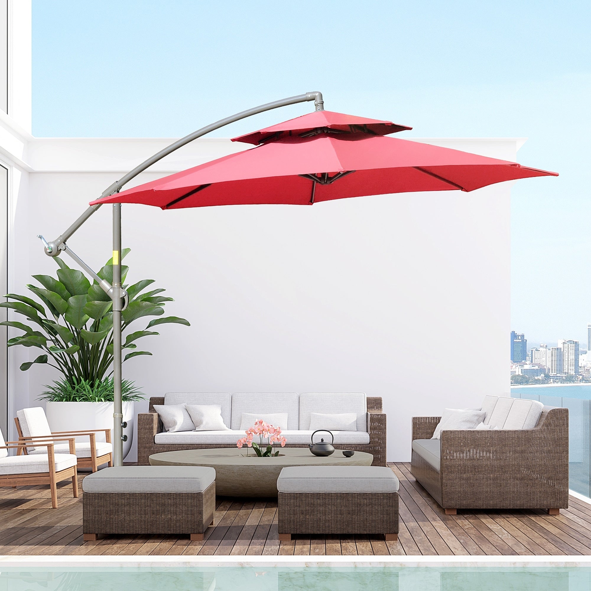 Parasol déporté Outsunny 9' à 2 niveaux avec manivelle, base croisée et 8 baleines, parasol de jardin excentré