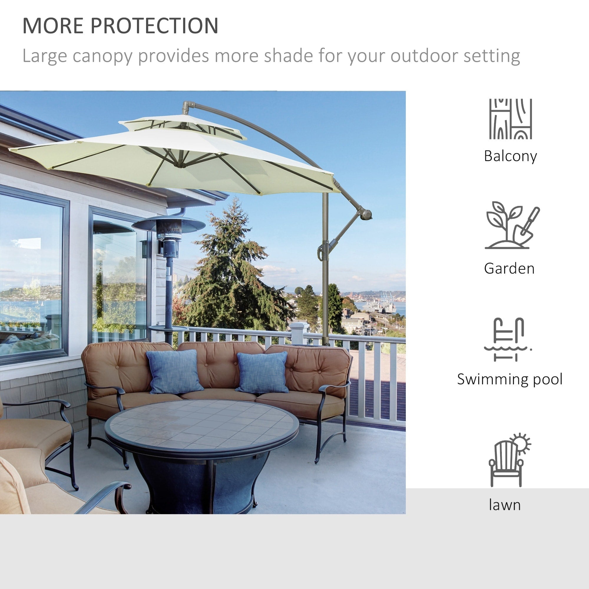 Parasol déporté Outsunny 9' à 2 niveaux avec manivelle, base croisée et 8 baleines, parasol de jardin excentré