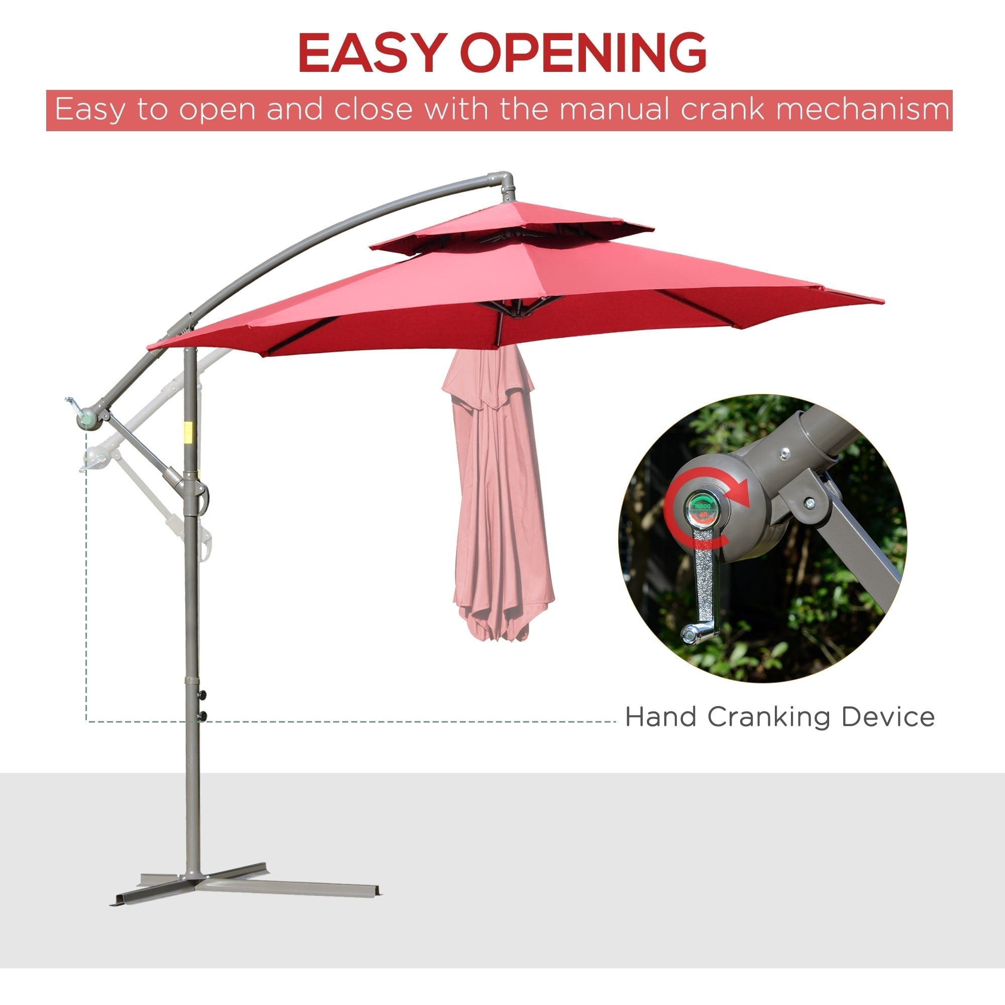 Parasol déporté Outsunny 9' à 2 niveaux avec manivelle, base croisée et 8 baleines, parasol de jardin excentré