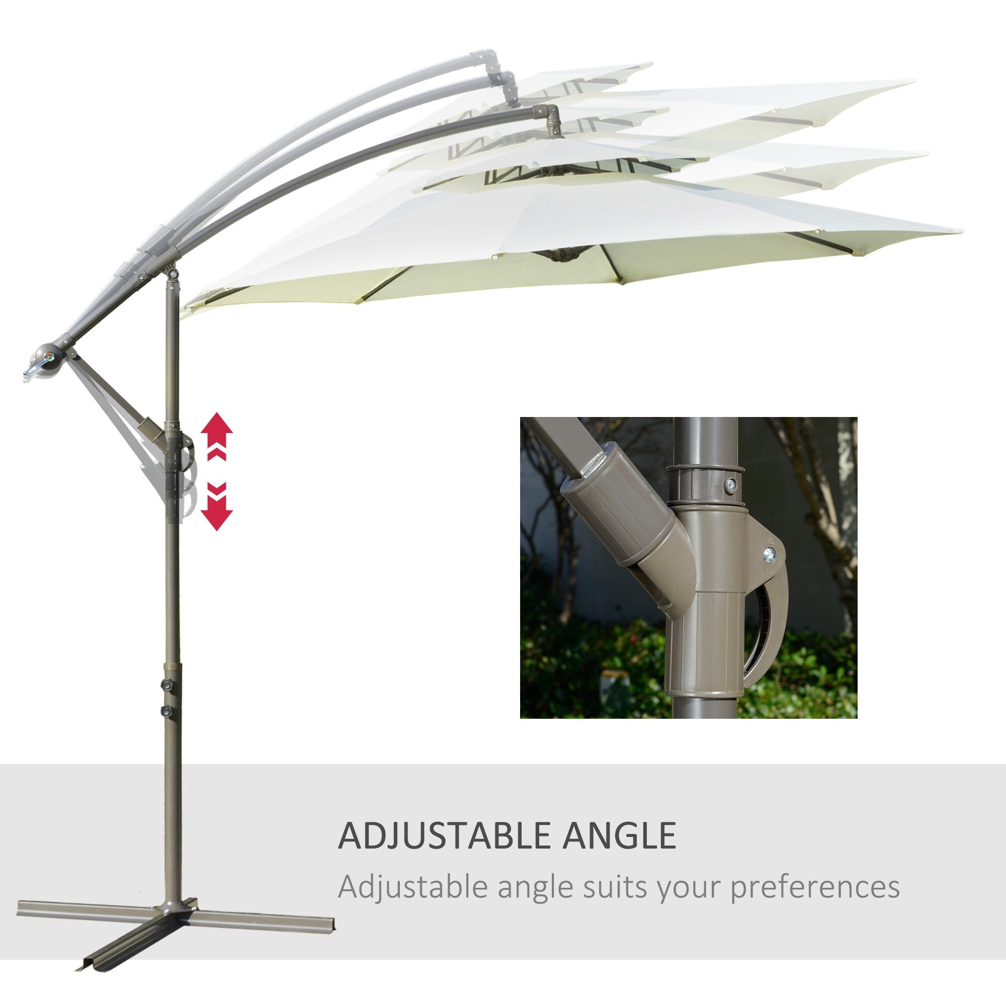 Parasol déporté Outsunny 9' à 2 niveaux avec manivelle, base croisée et 8 baleines, parasol de jardin excentré