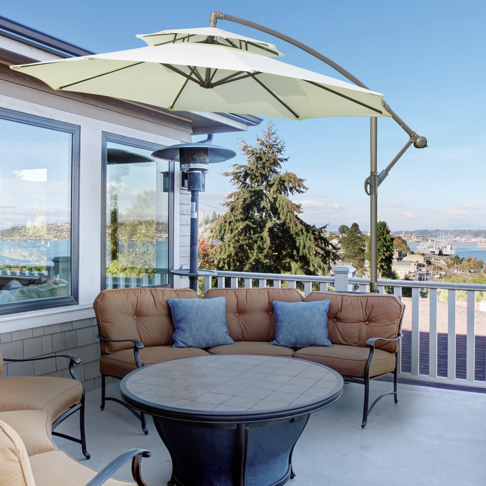Parasol déporté Outsunny 9' à 2 niveaux avec manivelle, base croisée et 8 baleines, parasol de jardin excentré