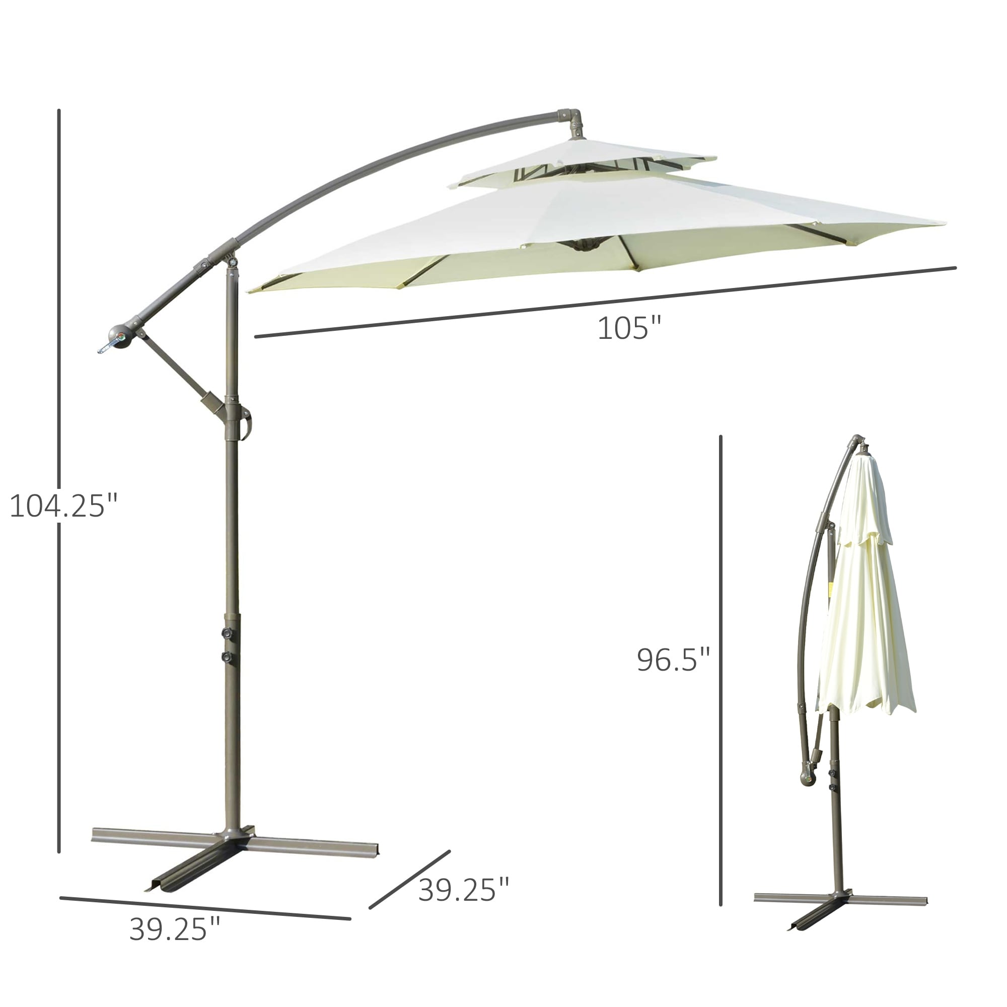 Parasol déporté Outsunny 9' à 2 niveaux avec manivelle, base croisée et 8 baleines, parasol de jardin excentré