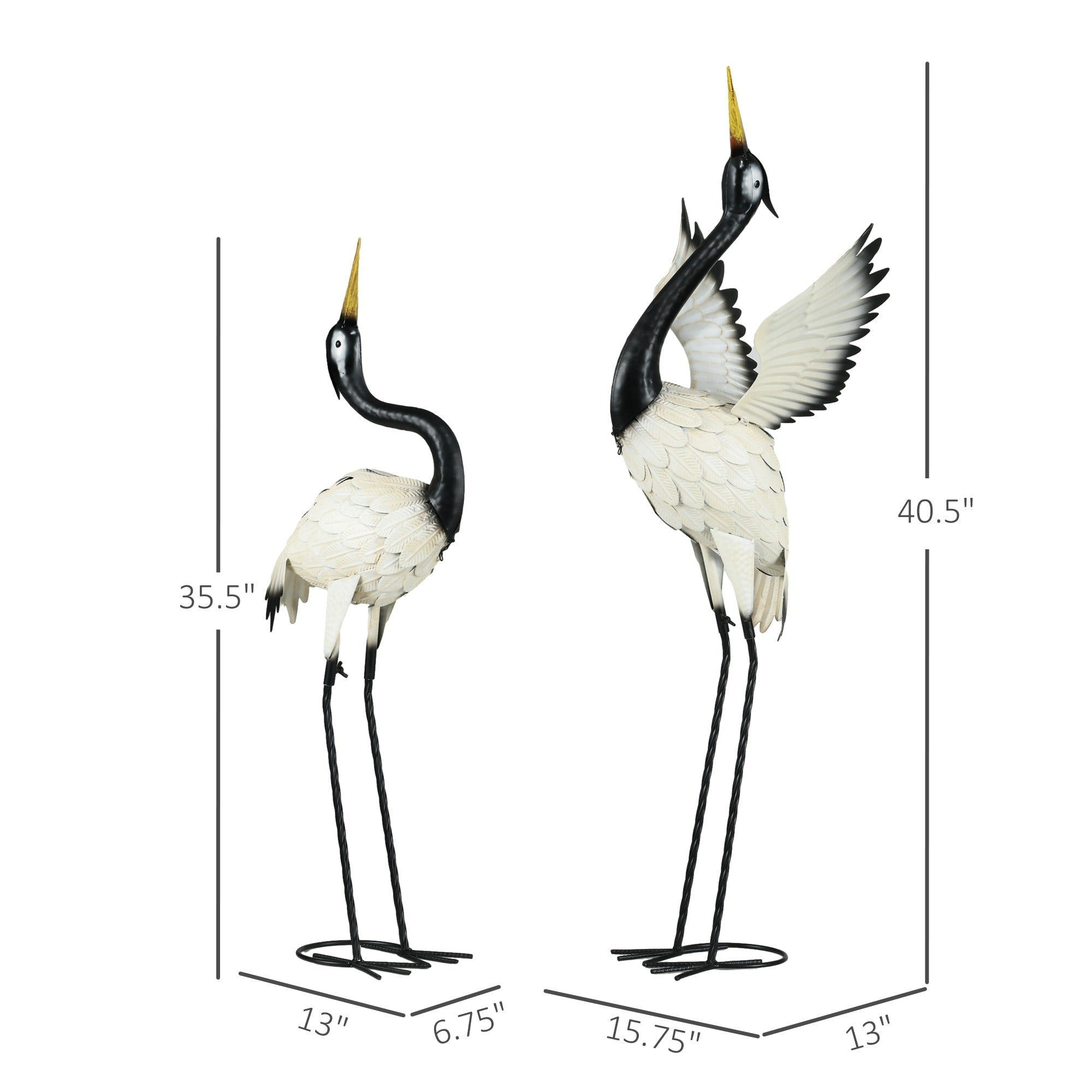 Statues de jardin Outsunny Heron, sculptures d'oiseaux debout de 35,5 et 40,5 cm, décoration de jardin en métal pour pelouse, terrasse et arrière-cour
