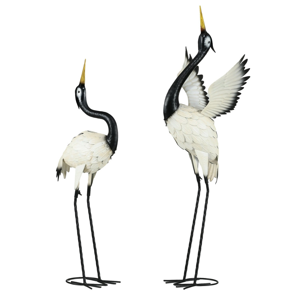 Statues de jardin Outsunny Heron, sculptures d'oiseaux debout de 35,5 et 40,5 cm, décoration de jardin en métal pour pelouse, terrasse et arrière-cour