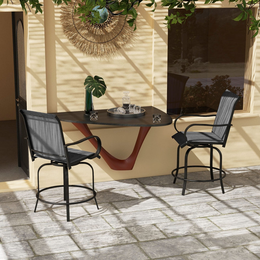 Lot de 2 tabourets de bar d'extérieur Outsunny avec accoudoirs, pivotants à 360°, hauteur bar, tissu maille haute densité, acier