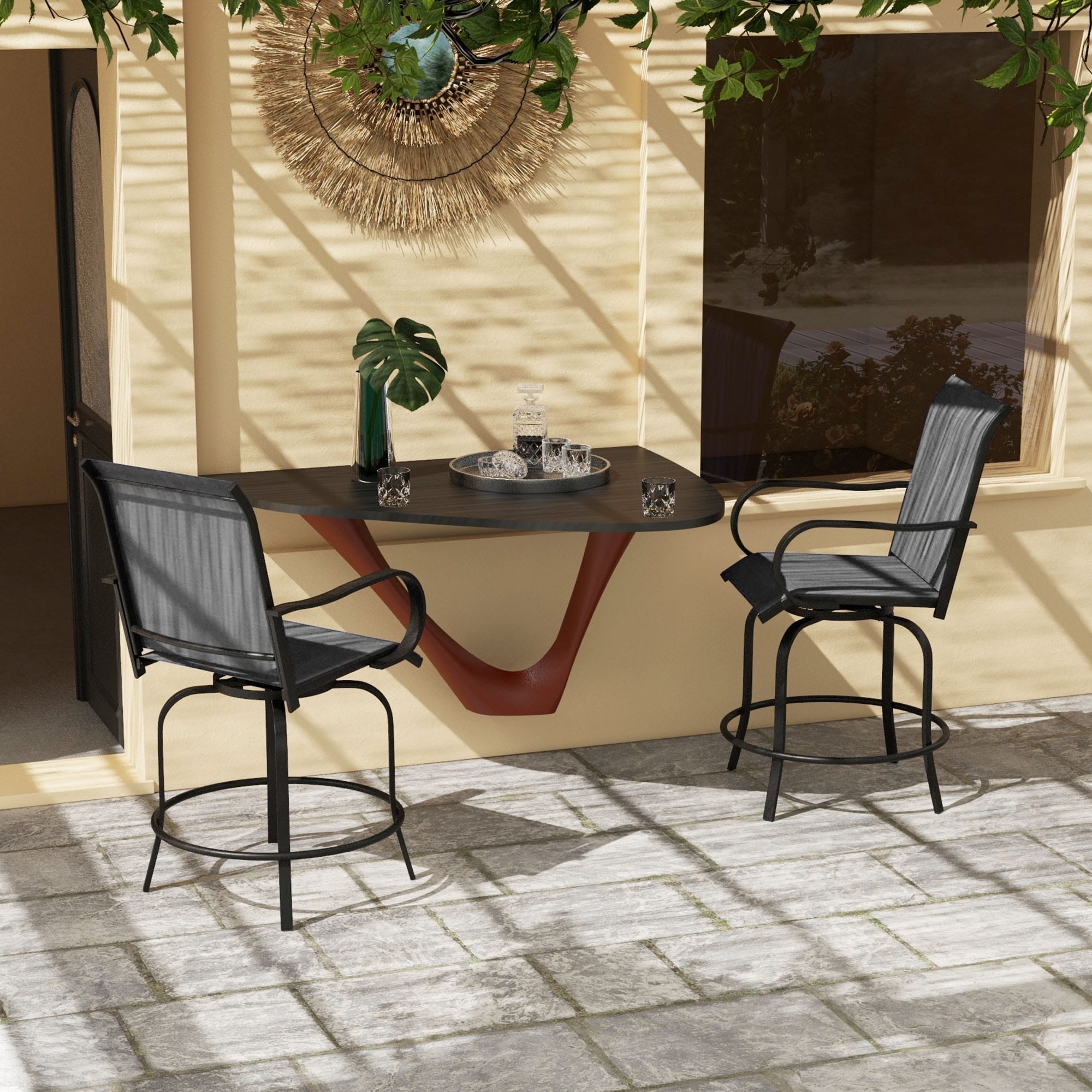 Lot de 2 tabourets de bar d'extérieur Outsunny avec accoudoirs, pivotants à 360°, hauteur bar, tissu maille haute densité, acier
