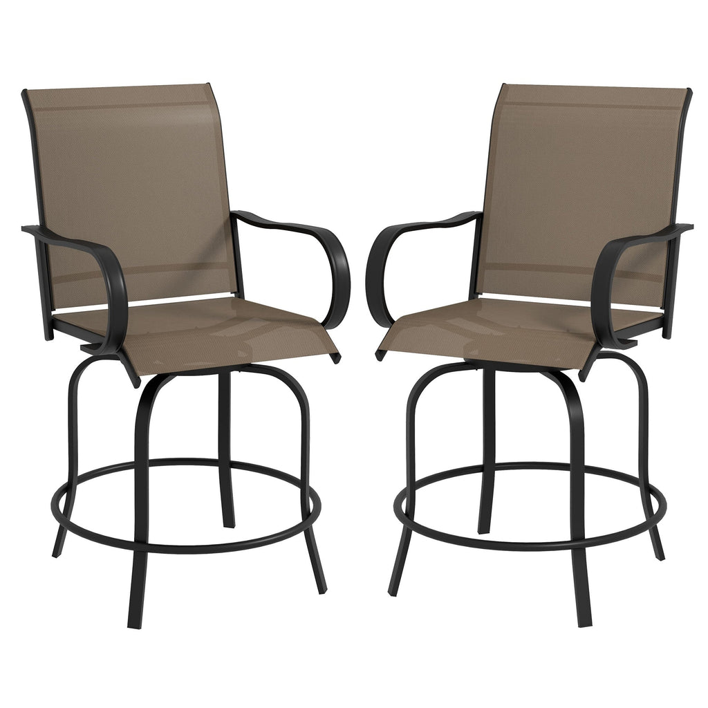 Lot de 2 tabourets de bar d'extérieur Outsunny avec accoudoirs, pivotants à 360°, hauteur bar, tissu maille haute densité, acier