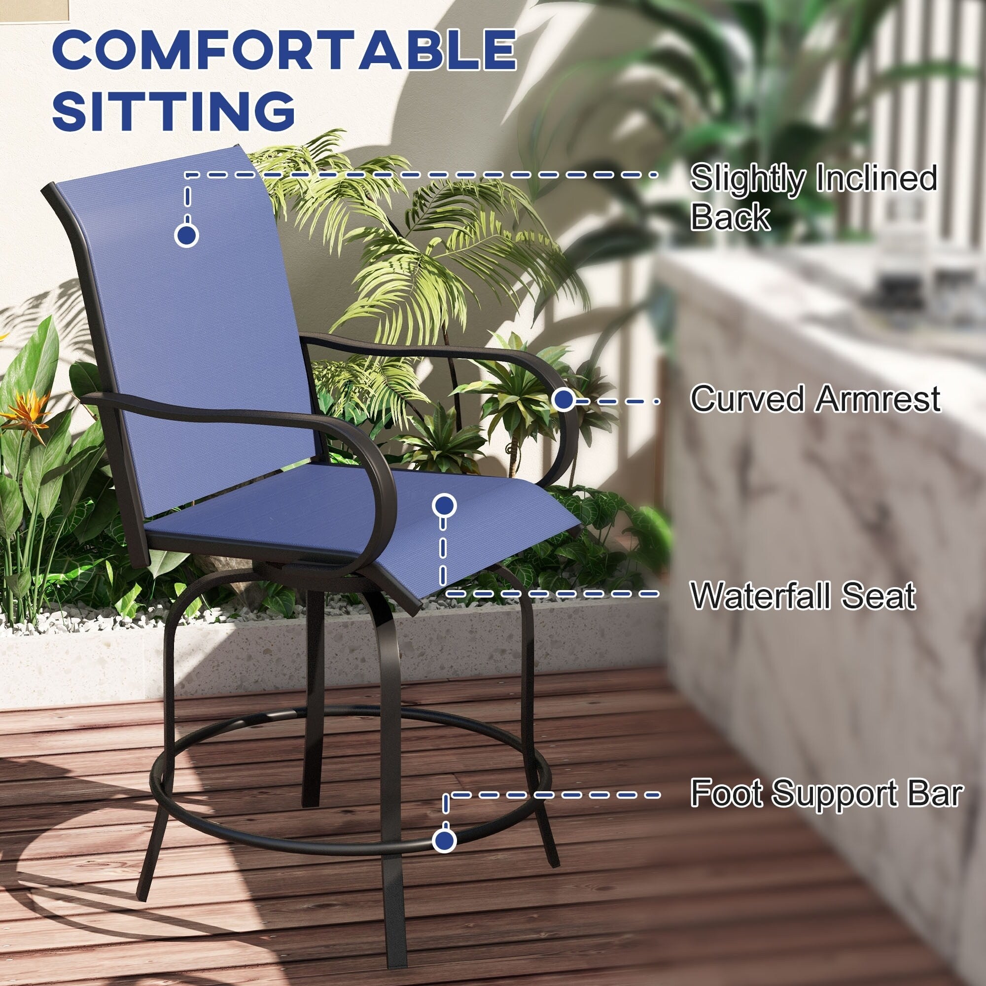Lot de 2 tabourets de bar d'extérieur Outsunny avec accoudoirs, pivotants à 360°, hauteur bar, tissu maille haute densité, acier