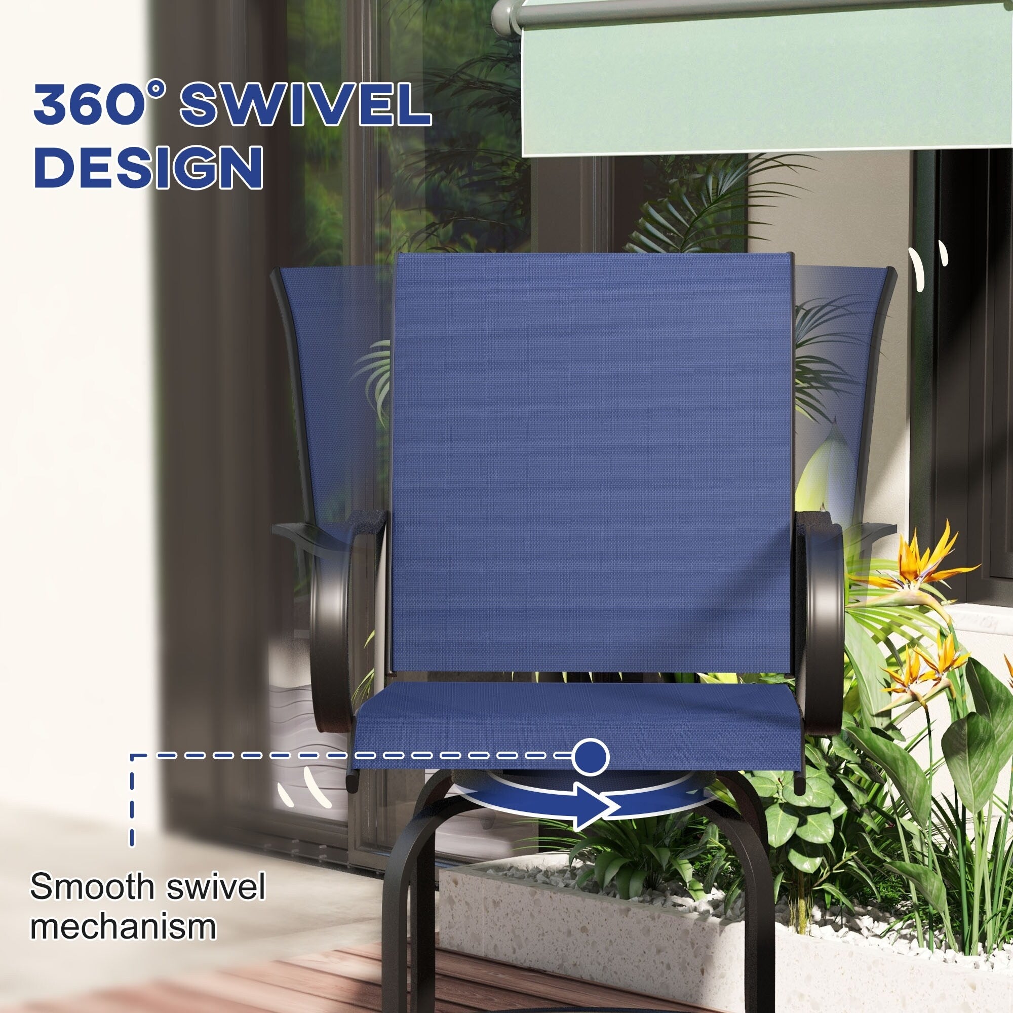 Lot de 2 tabourets de bar d'extérieur Outsunny avec accoudoirs, pivotants à 360°, hauteur bar, tissu maille haute densité, acier