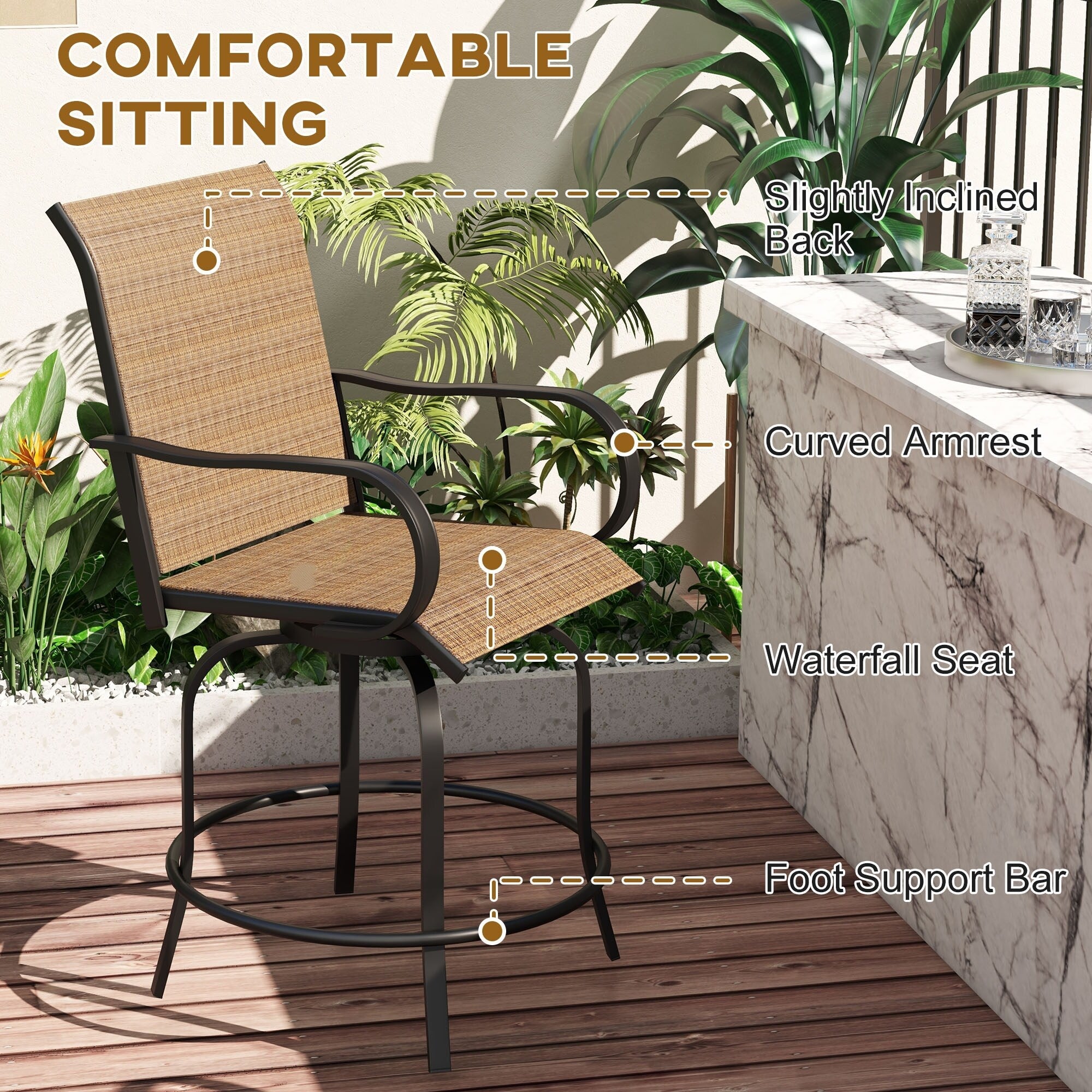 Lot de 2 tabourets de bar d'extérieur Outsunny avec accoudoirs, pivotants à 360°, hauteur bar, tissu maille haute densité, acier