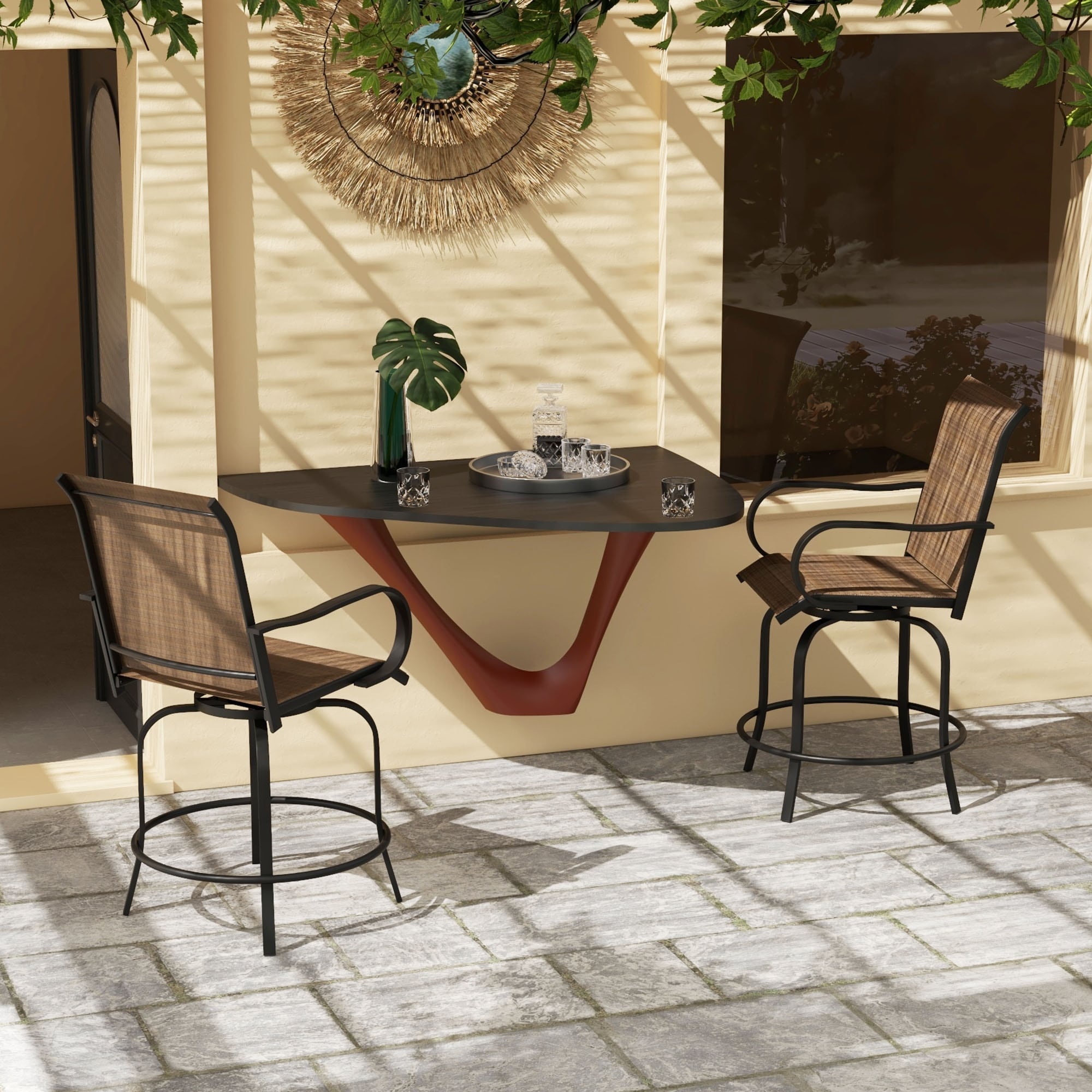 Lot de 2 tabourets de bar d'extérieur Outsunny avec accoudoirs, pivotants à 360°, hauteur bar, tissu maille haute densité, acier