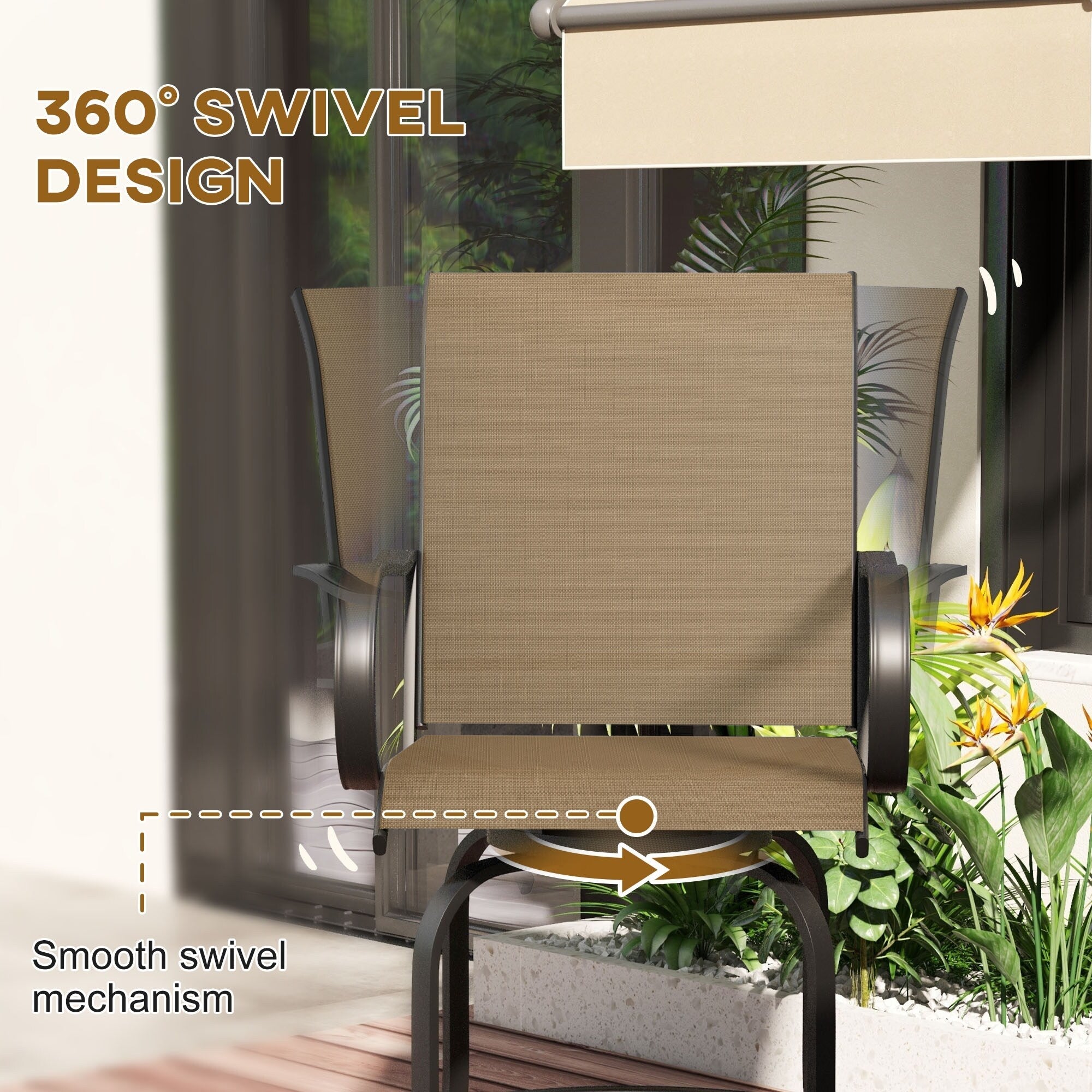 Lot de 2 tabourets de bar d'extérieur Outsunny avec accoudoirs, pivotants à 360°, hauteur bar, tissu maille haute densité, acier