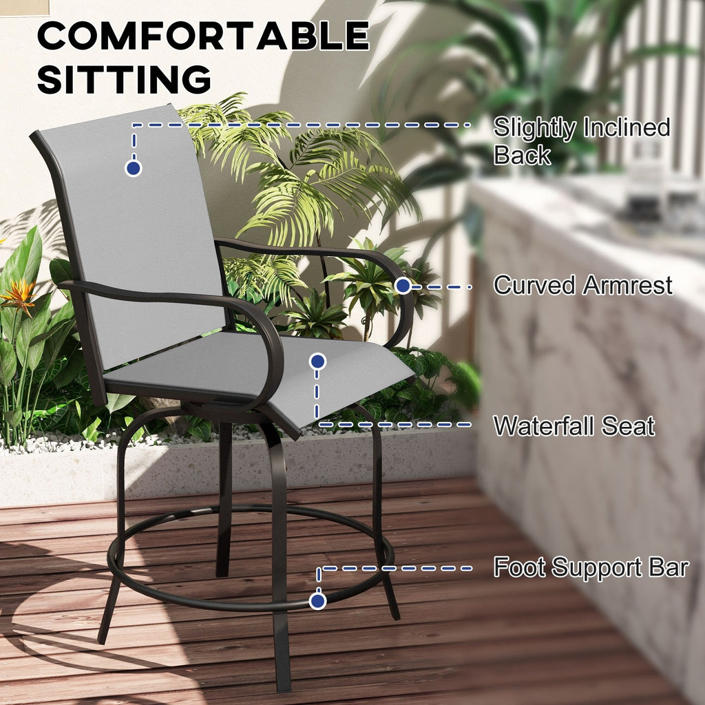 Lot de 2 tabourets de bar d'extérieur Outsunny avec accoudoirs, pivotants à 360°, hauteur bar, tissu maille haute densité, acier