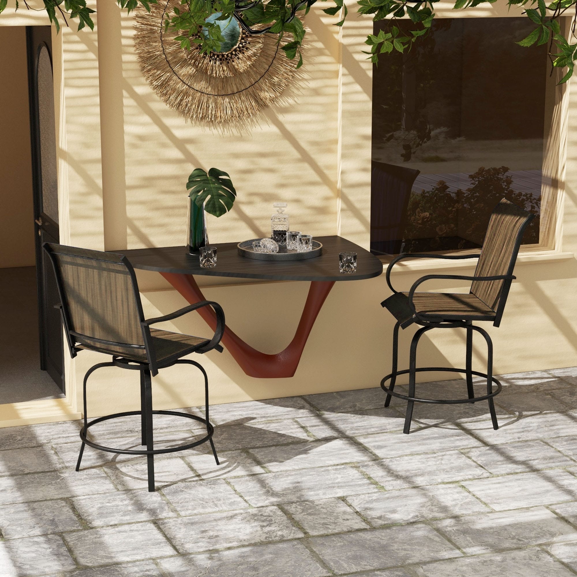 Lot de 2 tabourets de bar d'extérieur Outsunny avec accoudoirs, pivotants à 360°, hauteur bar, tissu maille haute densité, acier