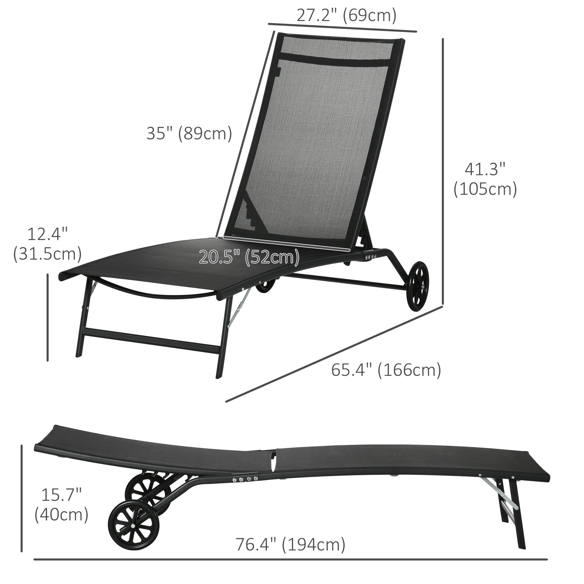 Ensemble de 2 chaises longues de patio Outsunny, fauteuil inclinable d'extérieur 2 pièces avec roulettes, dossier réglable sur 5 niveaux