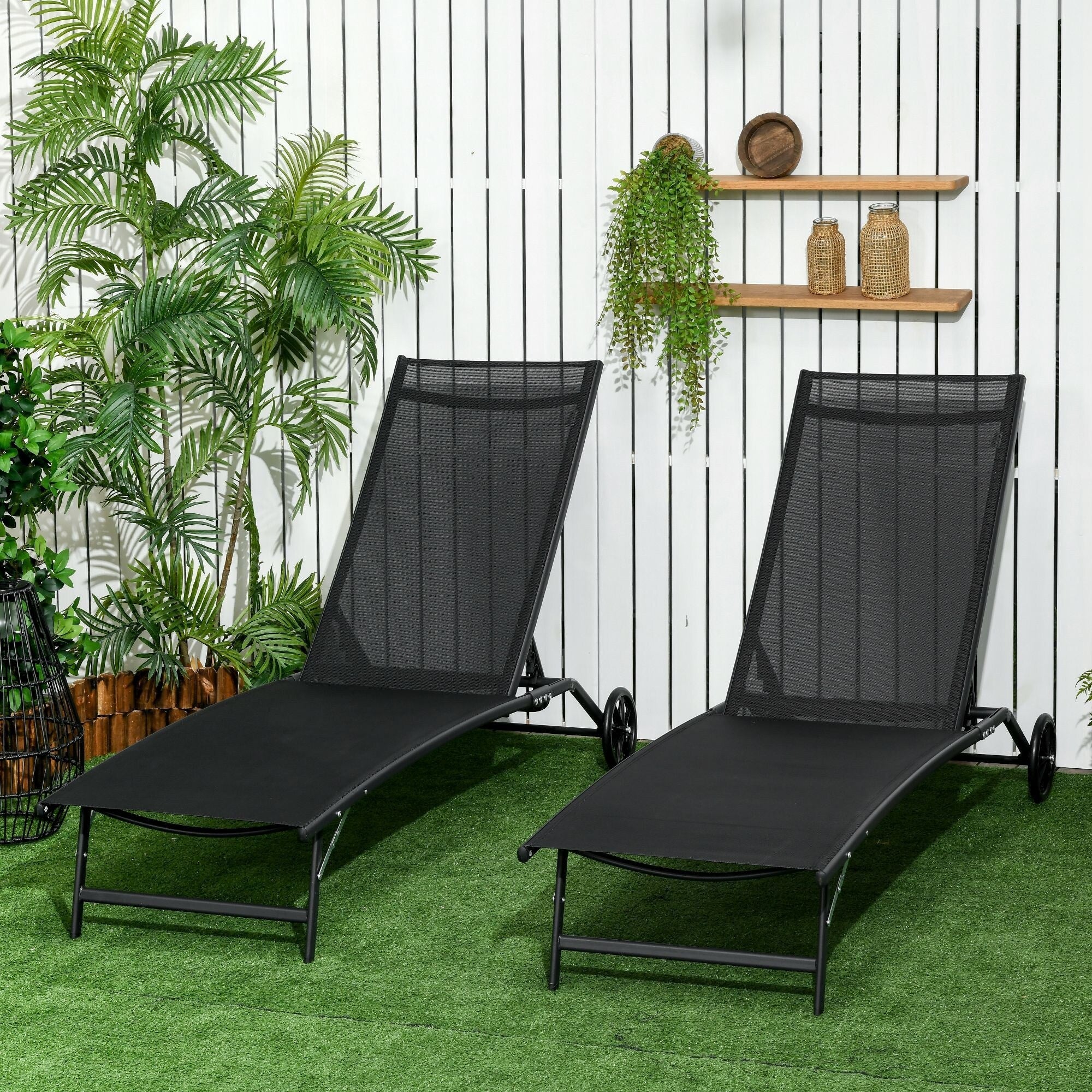 Ensemble de 2 chaises longues de patio Outsunny, fauteuil inclinable d'extérieur 2 pièces avec roulettes, dossier réglable sur 5 niveaux