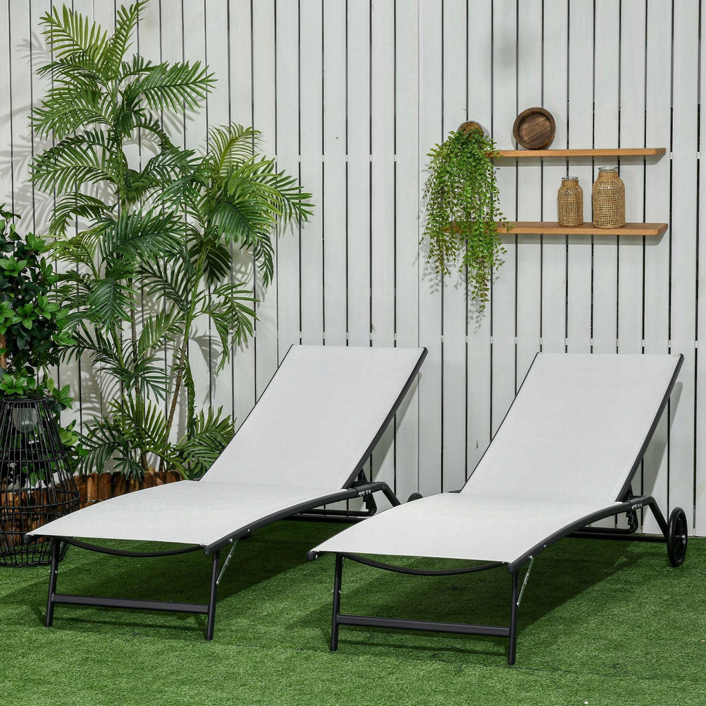 Ensemble de 2 chaises longues de patio Outsunny, fauteuil inclinable d'extérieur 2 pièces avec roulettes, dossier réglable sur 5 niveaux
