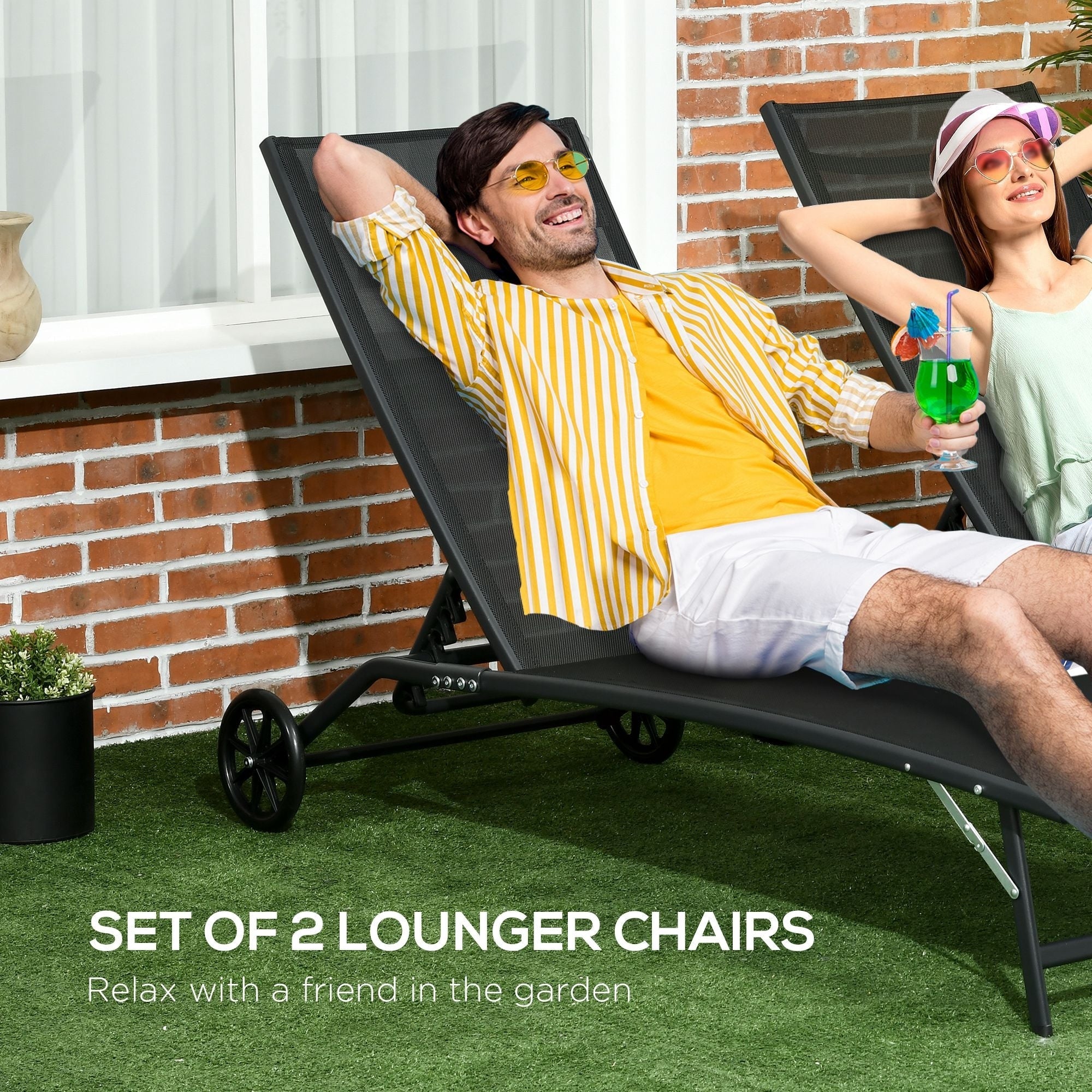 Ensemble de 2 chaises longues de patio Outsunny, fauteuil inclinable d'extérieur 2 pièces avec roulettes, dossier réglable sur 5 niveaux
